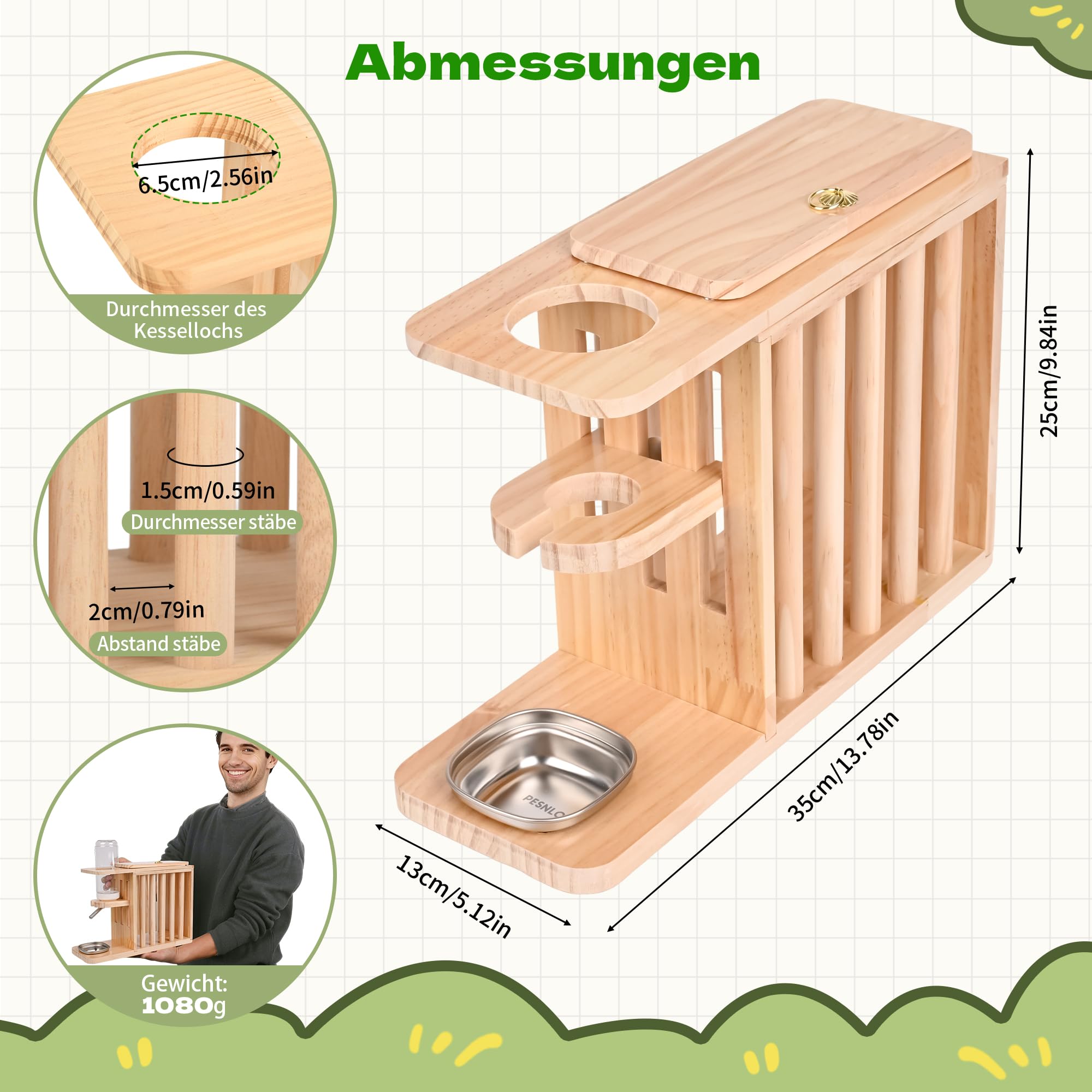 Râteau à foin en bois avec gourde de 500 ml et bac d'égouttement en acier inoxydable