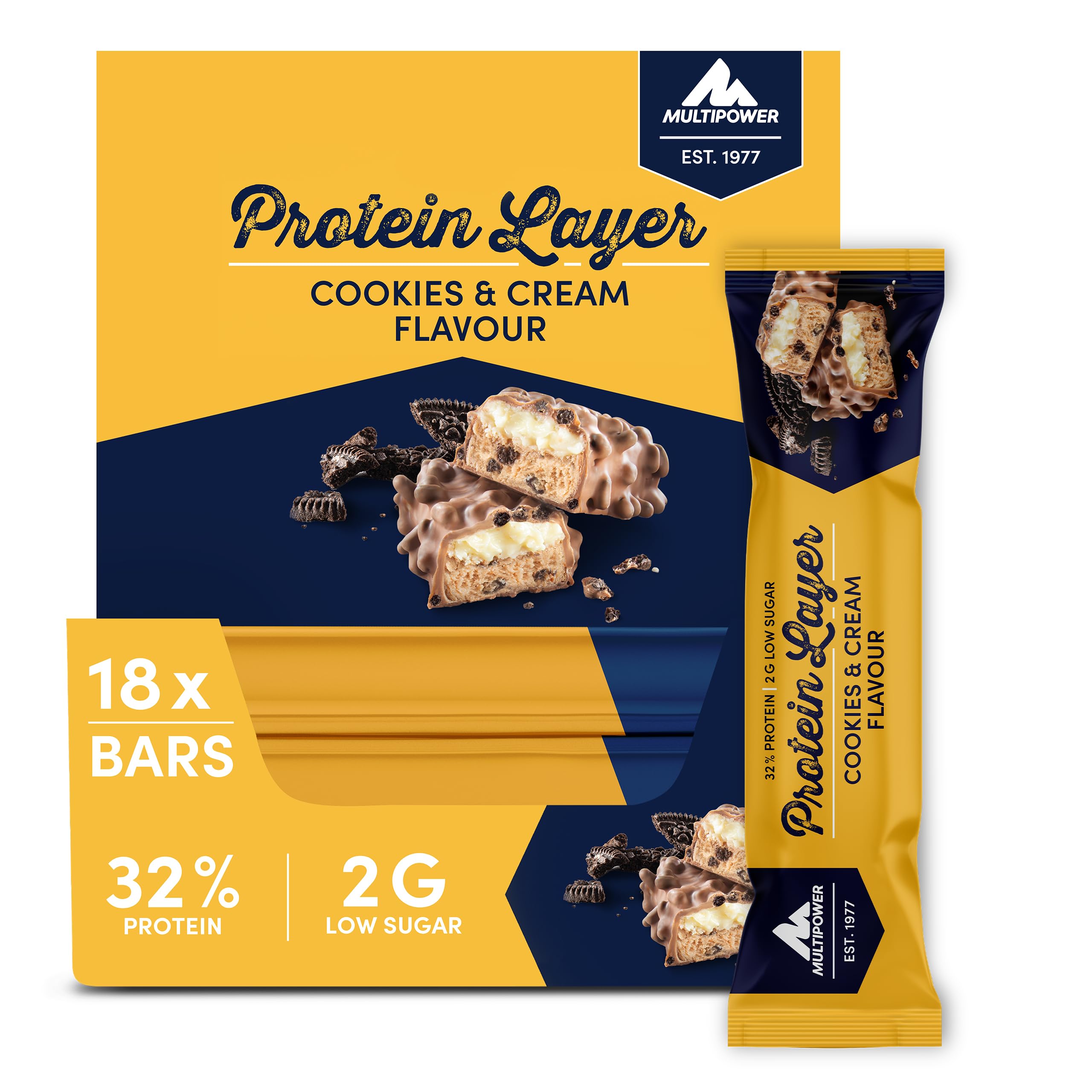 Multipower Protein Layer Eiweißriegel – 18 x 50 g Protein Riegel Box (900 g) – kalorienarmer Energieriegel – Cookies & Cream