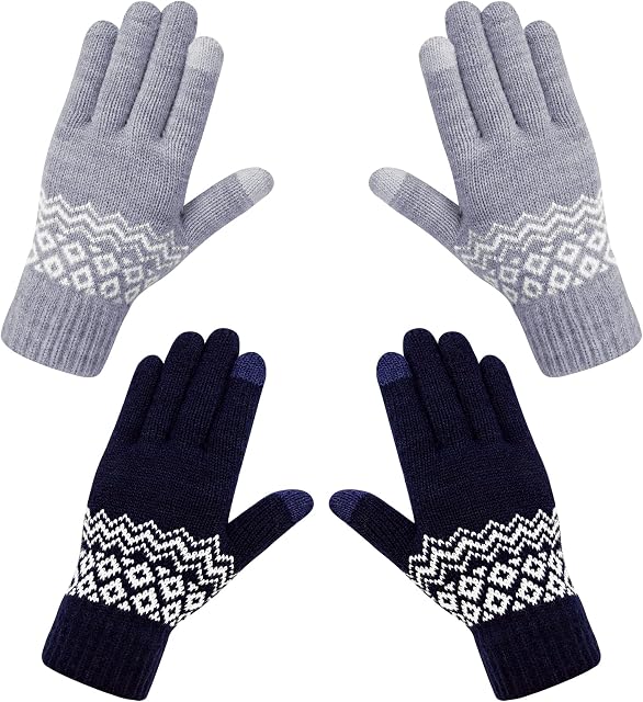 Chalier Fashion 2 Pairs Women Winter Touch Screen Gloves Warm Knitted Thermal Gloves Thicken Plush Linning Wrist Gloves Touchscreen for Smartphone Outdoor Cycling Running Sport