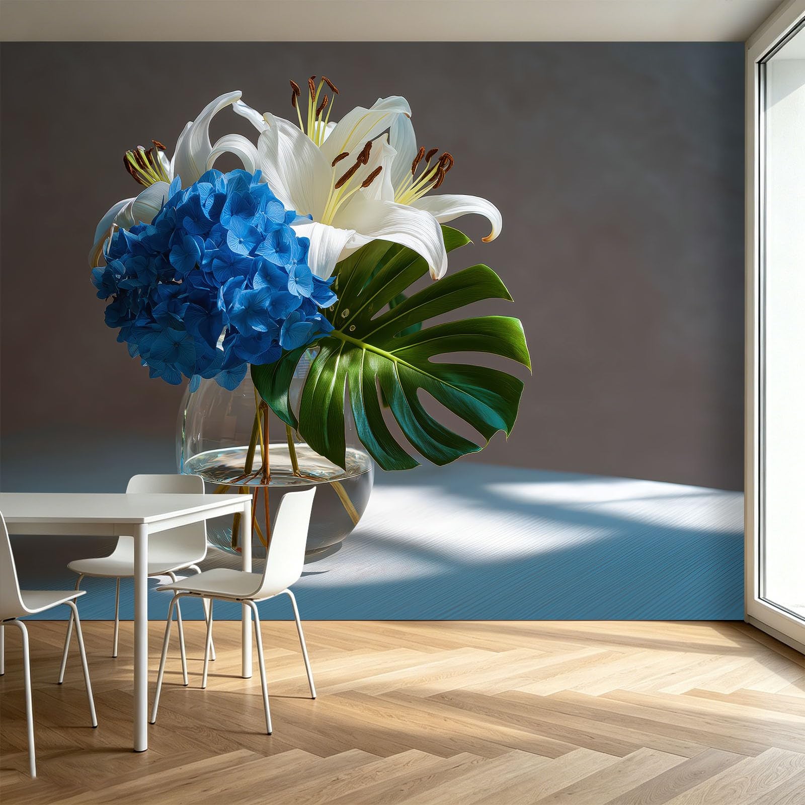 Générique Nowoczesna minimalistyczna panoramiczna tapeta z włókniny 250 x 175 cm - Fototapeta kwiatowa niebieska hortensja monstera do salonu sypialni biura, fresk ścienny