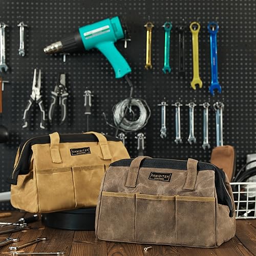 Miniatura 7 de Bolsa de herramientas, 13 pulgadas, lona encerada de 16 onzas, bolsa de herramientas resistente al agua, bolsa de herramientas con asa para