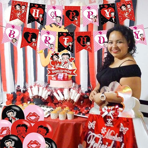 Miniatura 6 de Betty Boop - Decoraciones para fiestas de cumpleaños, juego de suministros para fiestas de Betty Boop para niños con 1 pancarta de feliz cumpleaños,