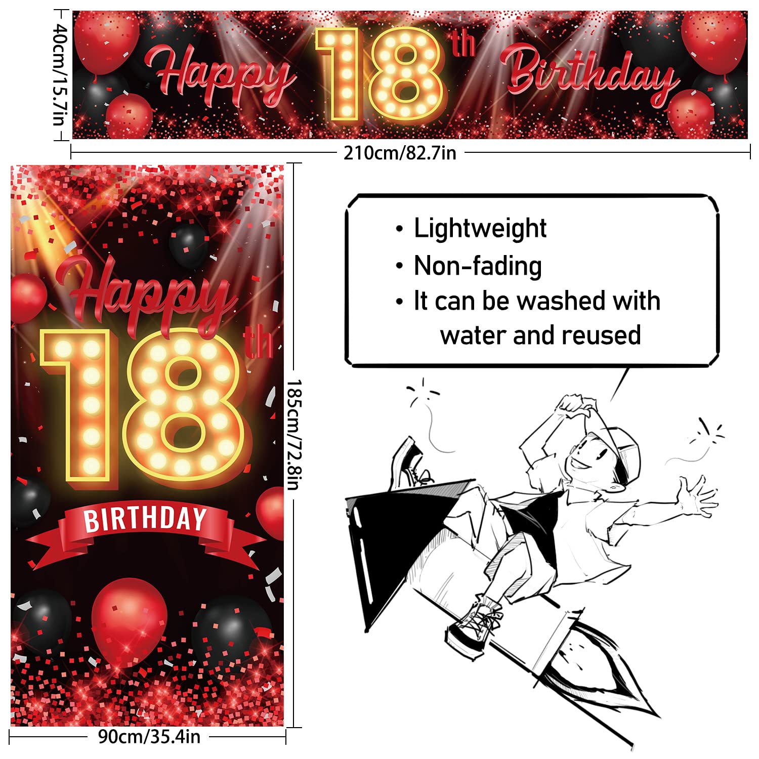 Sursurprise Happy 18th Birthday Door Banner - Red & Black, 13.7x70.9 Inch, Indoor/Outdoor Party Decor