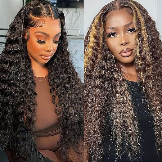 Natural Color 13x6 Deep Wave Lace Front Wigs 24 Inch+Highlight Ombre 13x4 Deep Wave Lace Front Wigs 34 Inch