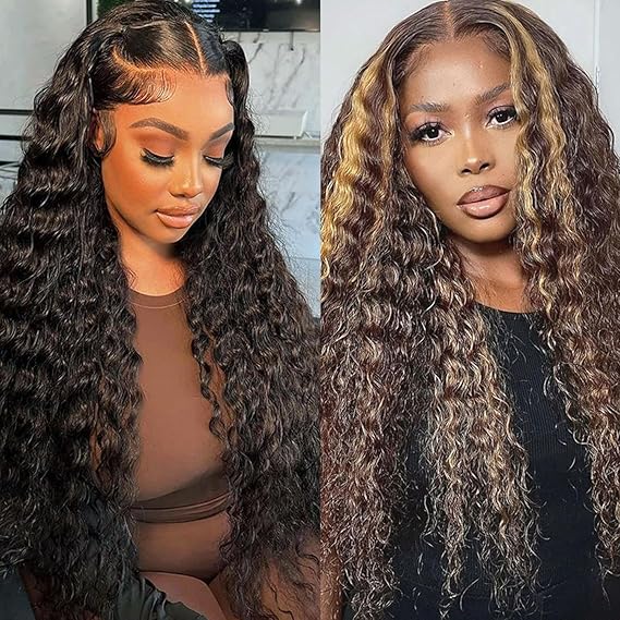 Natural Color 13x6 Deep Wave Lace Front Wigs 24 Inch+Highlight Ombre 13x4 Deep Wave Lace Front Wigs 34 Inch