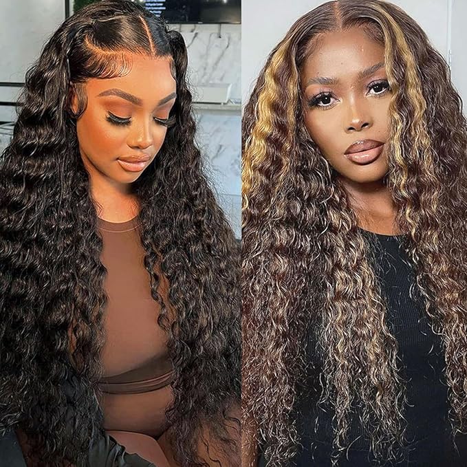 Natural Color 13x6 Deep Wave Lace Front Wigs 24 Inch+Highlight Ombre 13x4 Deep Wave Lace Front Wigs 34 Inch