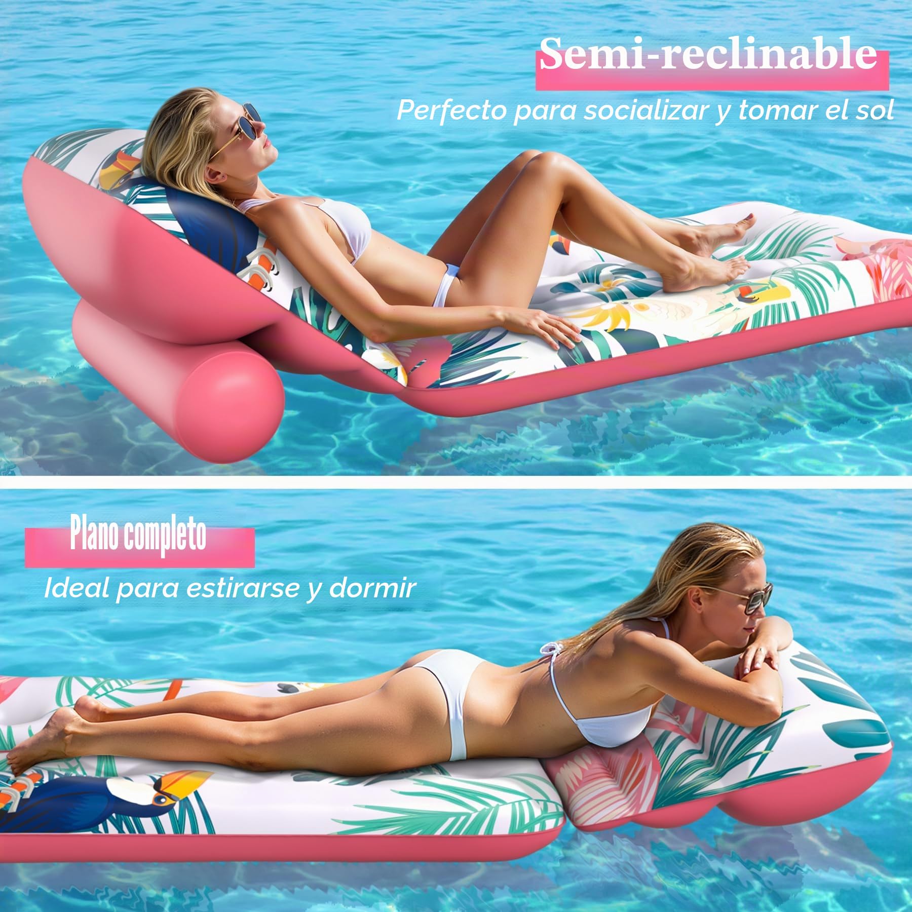Colchoneta Piscina Adultos con Respaldo Ajustable, Flotador con Soporte Flotante para Bebidas, Ideal para Piscinas Lagos Playas y para Tomar el Sol, Sillon Hinchable para Niños y Adultos