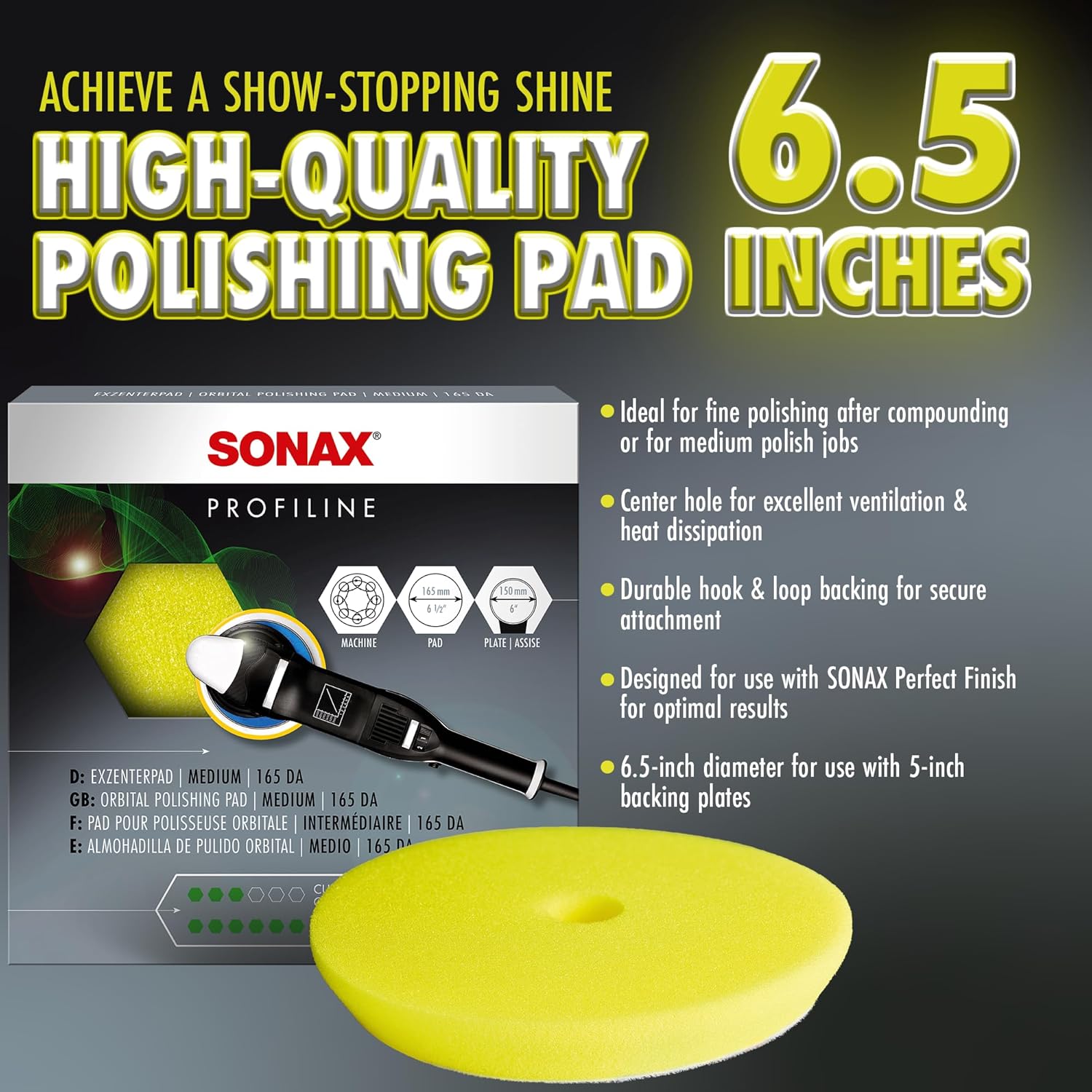 SONAX Yellow Dual Action Polishing Pad | Medium Cut Foam Pad for Swirl Removal & Paint Refinement | Ventilated Design Prevents Overheating | Durable Hook & Loop Backing | 493500 | 6.5 Inch - Image 2