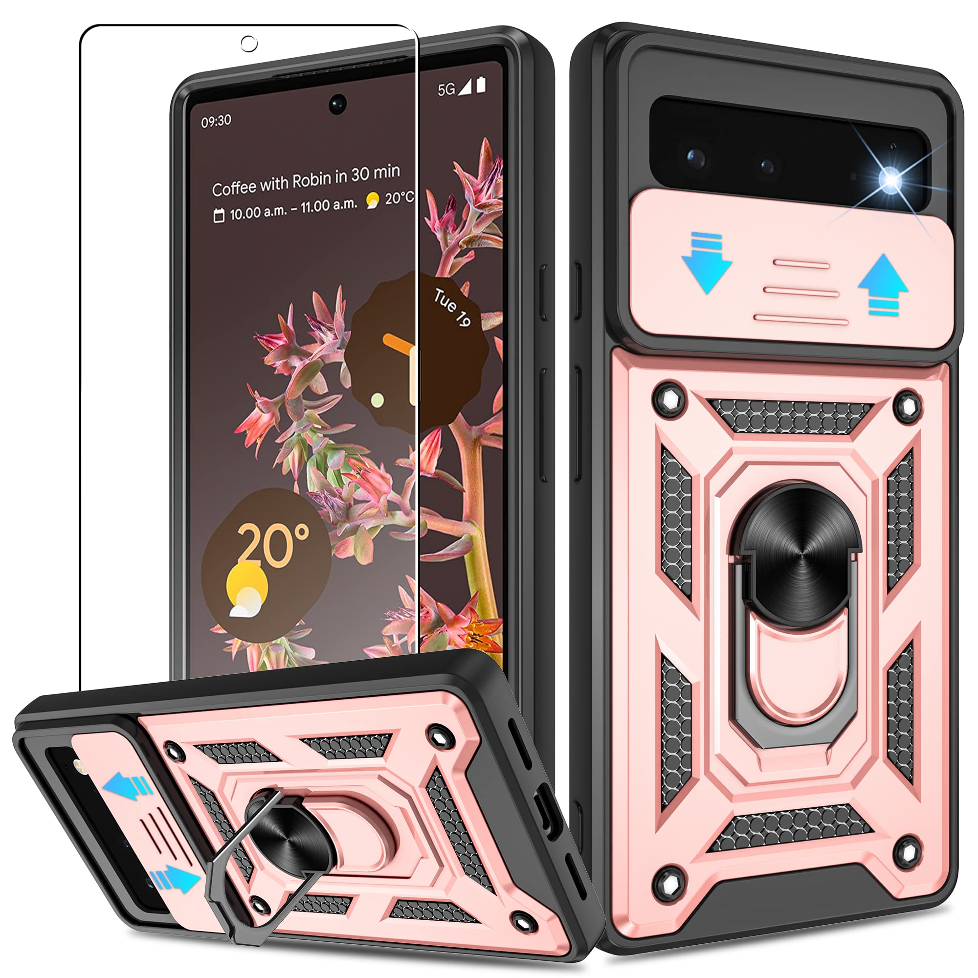 ATUMP Mobile Cover, Phone Cases for Google Pixel 6 with HD Screen Protector, Heavy Duty Shockproof with 360° Rotation Metal Kickstand [Military Grade] Protective Case, Rose Gold