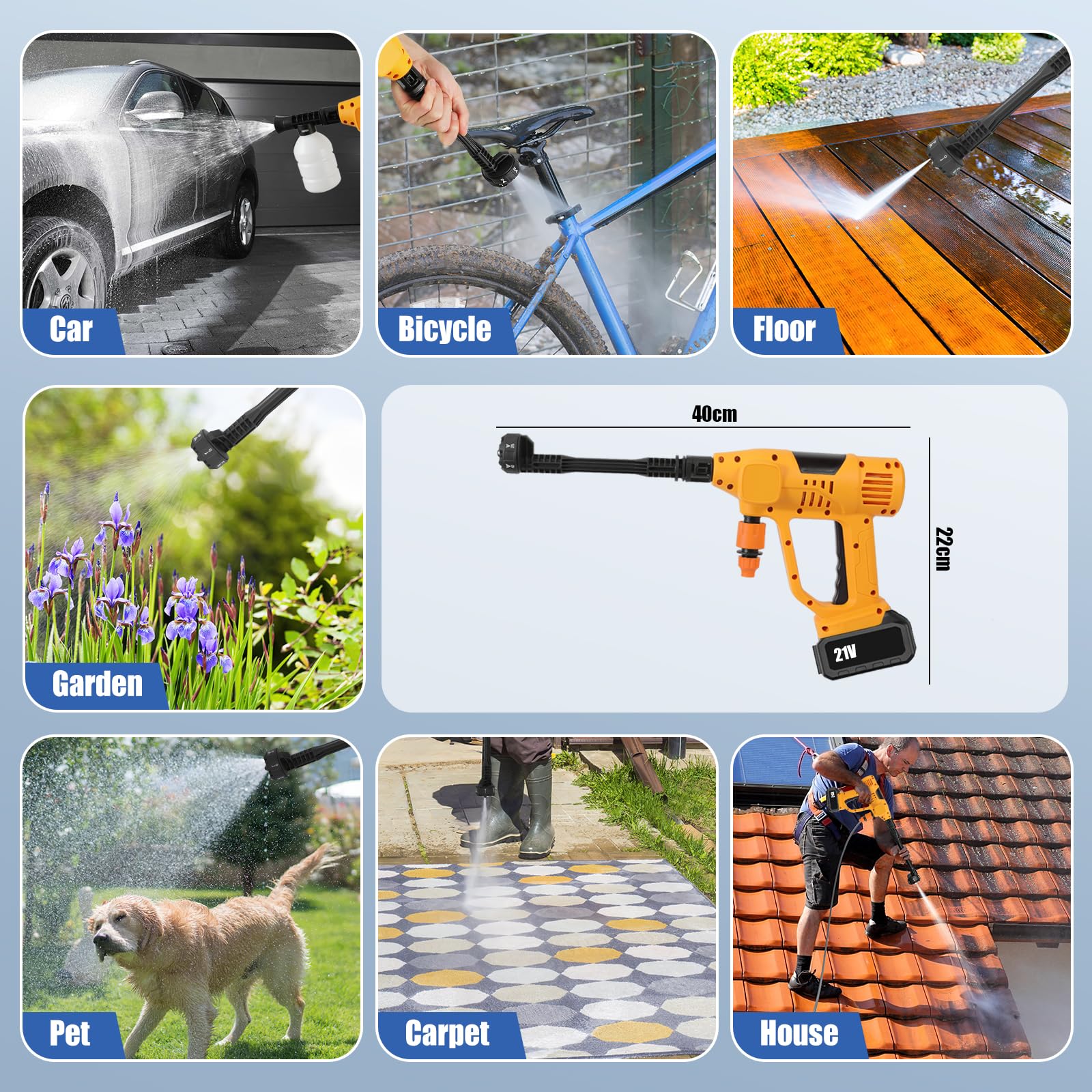 Hidrolimpiadora a Bateria, 65Bar Hidrolimpiadora de Alta Presion Portátil, Pistola de Agua Alta Presión con 1 Batería, Boquilla 6 en 1, 10 Niveles de Presión, Limpiadoras a Presión para Jardín, Coche