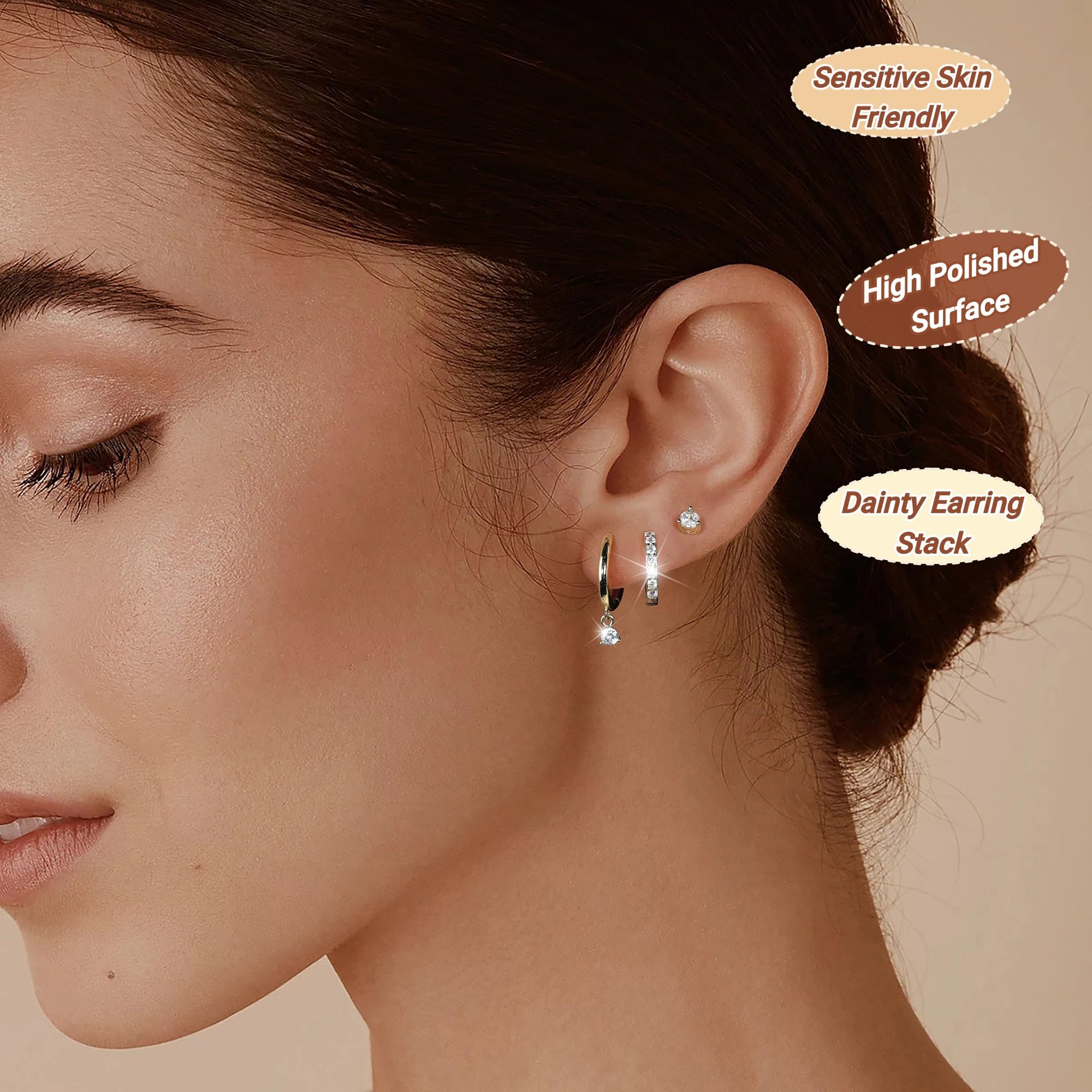 MACACHII Orecchini Donna Argento 925 Placcati Oro 14K - Orecchini a Lobo, Cerchio, Helix - Anallergici, Idee Regalo Gioielli per Piercing Multipli（Set 3 Paia）