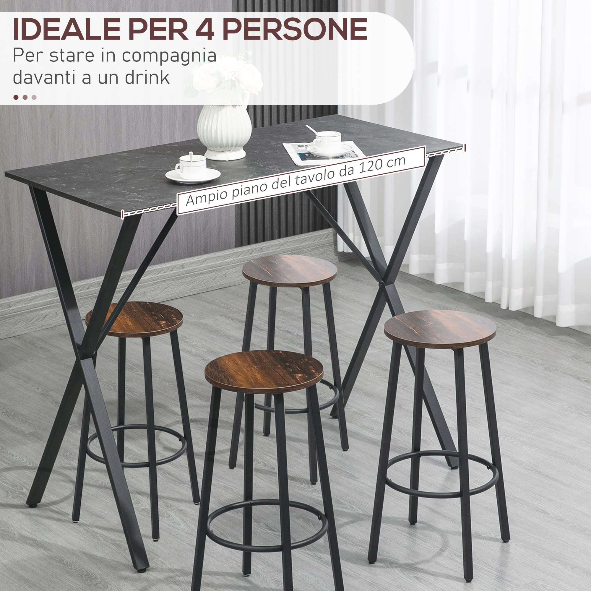 HOMCOM Mostrador de Bar Moderno de Estilo Industrial, Mesa Alta de Cocina Efecto Mármol en Madera y Acero, 120 x 60 x 102 cm, Negro