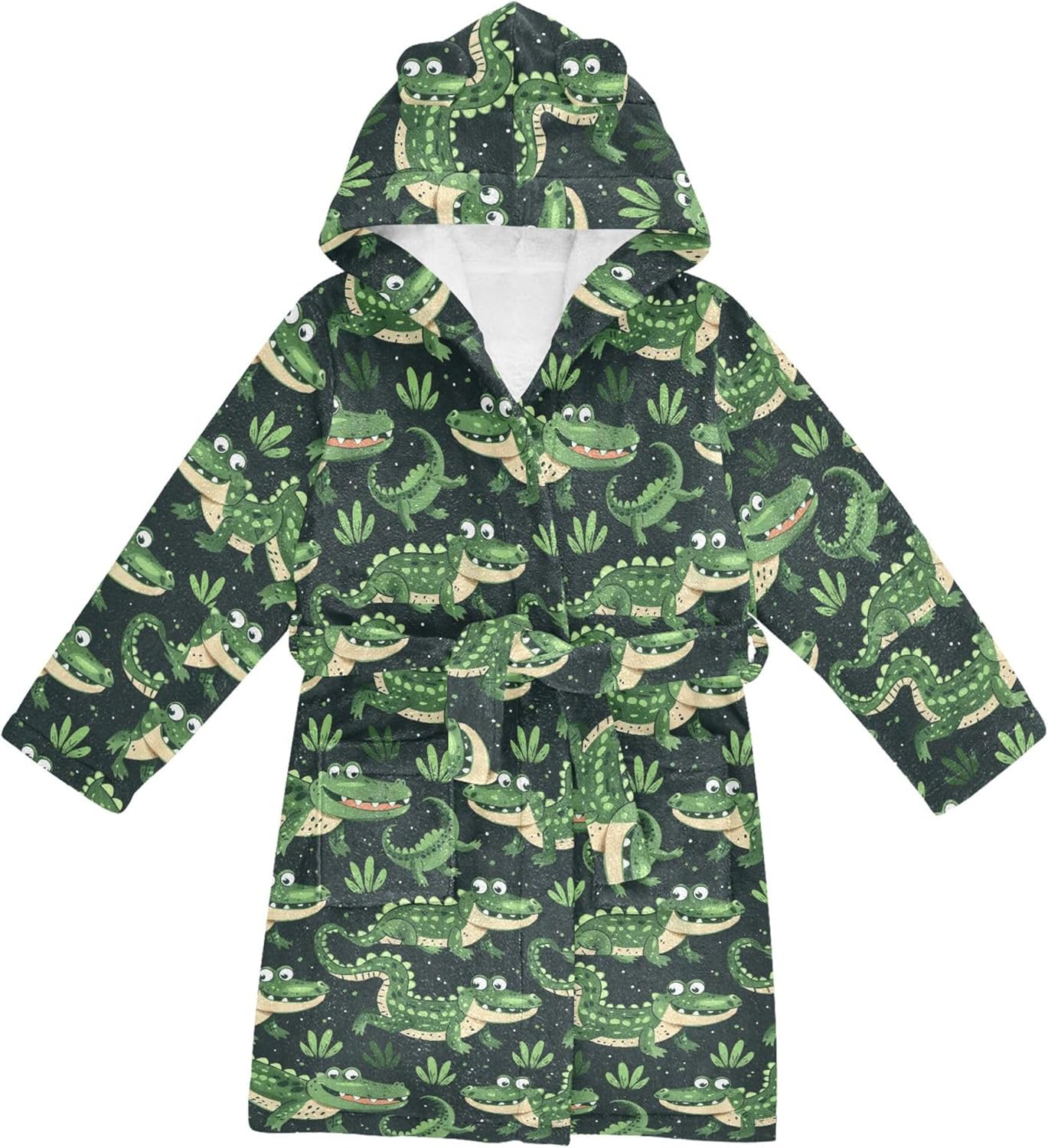 Cartoon Green Crocodile Bathrobe Hooded PJ Robe Plush Fleece Robe Pajama Sleepwear 2-12 Years