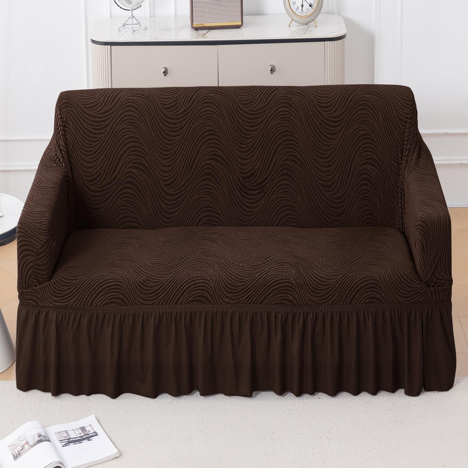 HOKIPO 2 Seater Sofa Cover with Frill - 240 GSM Premium Jacquard Stretchable Fully Covered Slipcover, 'Serene Wave Series' Dark Chocolate (AR-6353-DCHOC)-image-17