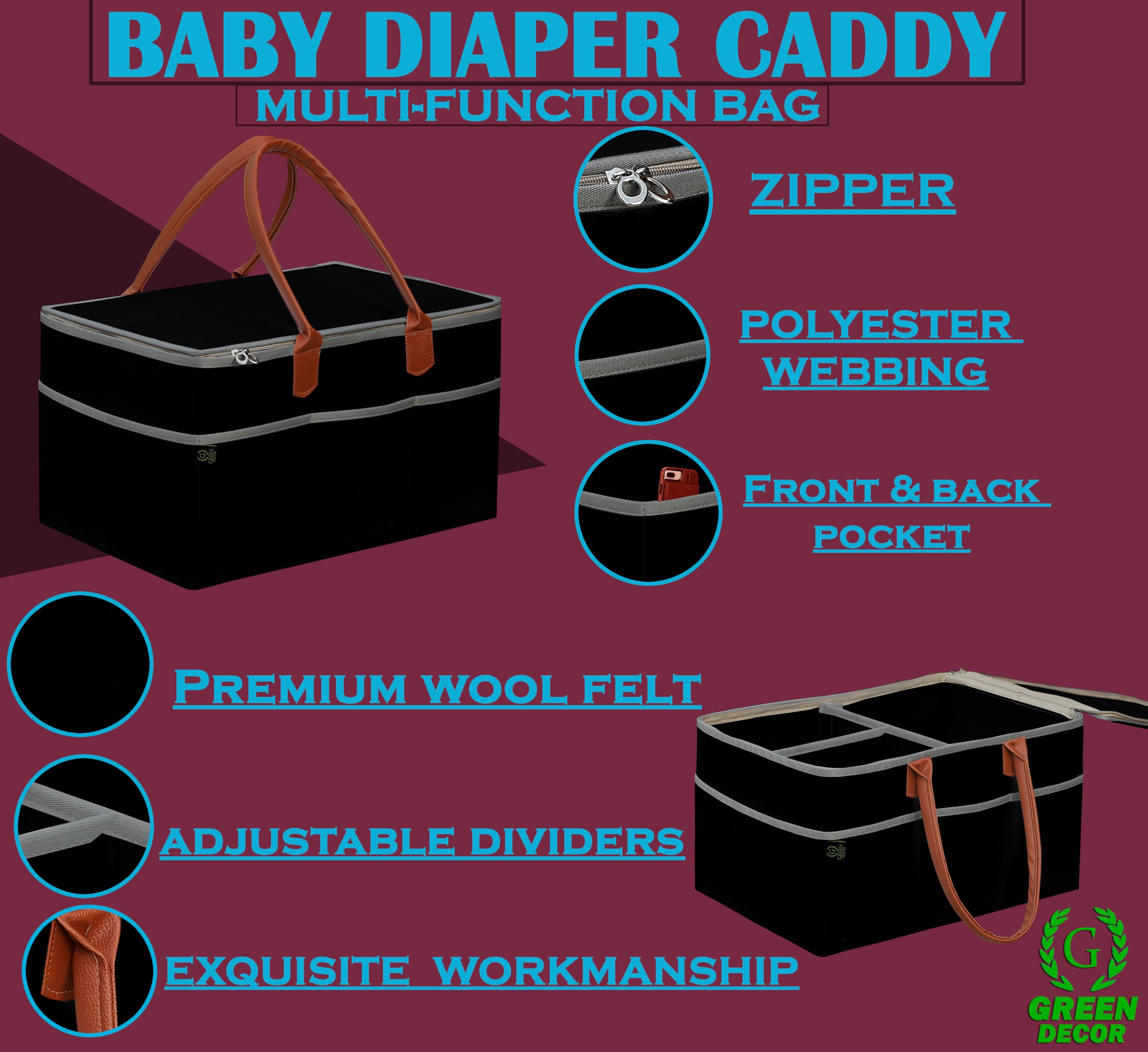 GREEN DECOR -400 GSM Non Woven Fabric Cute Diaper Caddy Bag with Handles & Zip Lock for Smart Mothers Baby Diaper Caddy Wipes Felt Storage Organizers,Foldable and Portable(Black - 18X12X9 Inch) - Image 3 thumbnail