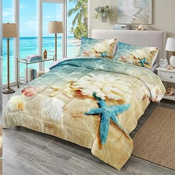 Bedbay Coastal Beach Comforter Set Queen Bedding Beach Theme Comforter Coastal Bedding Set Ocean Quilt Comforter Set Beach Decor Soft Microfiber Lightweigh Summer Quilt Coastal,Queen