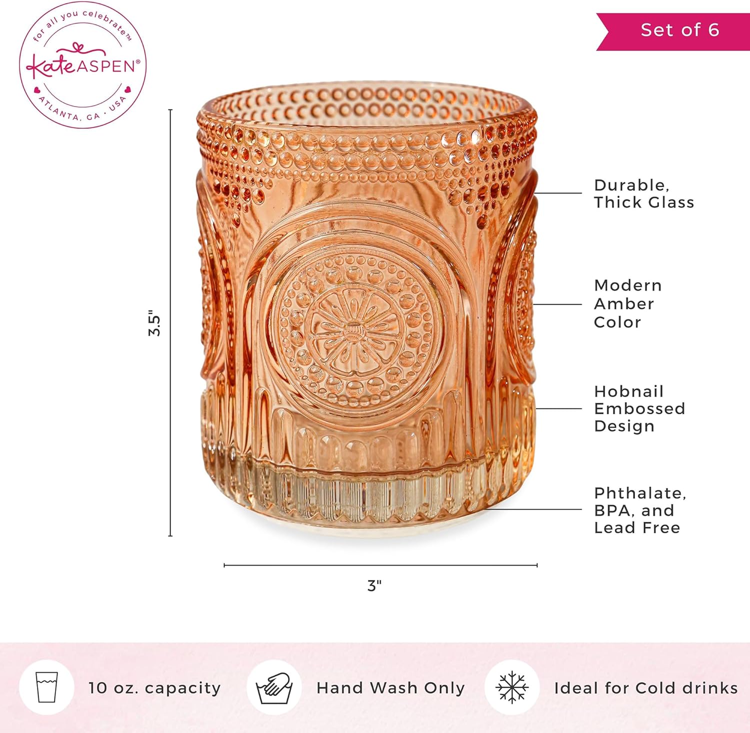 Ribbed Retro Arch Floral Rose Gold Drinking Glasses Set of 6, (10 oz) Vintage Glassware Set by Kate Aspen| Cocktail Glass Set, Juice Glass, Water Cups | Great Hostess Gift & Gift for New Home Owners - Image 6