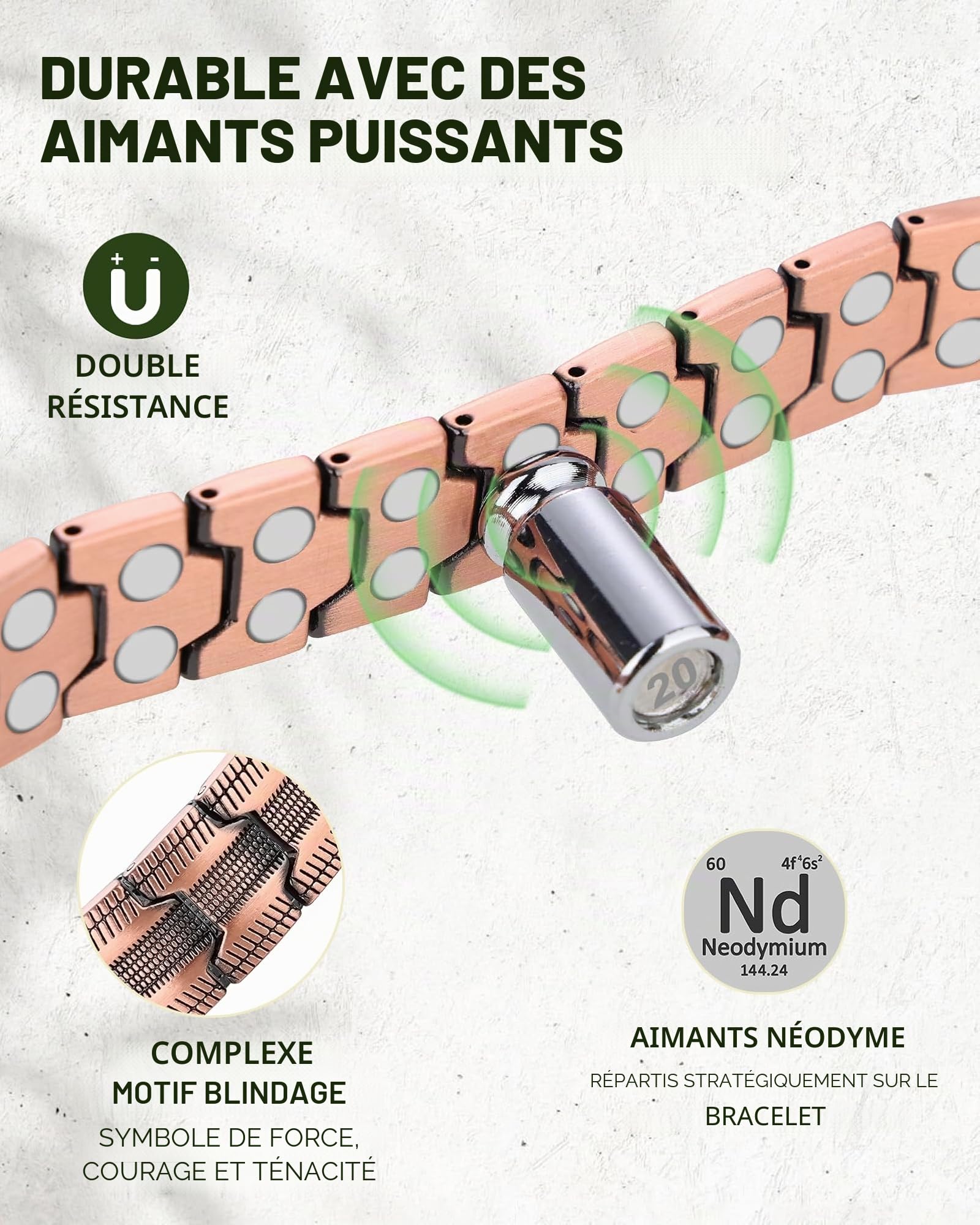 MagEnergy Bracelet en cuivre pour homme, 99,99 % cuivre pur, double aimants puissants, bracelet magnétique avec fermoir papillon, longueur réglable avec outil de réglage de la taille