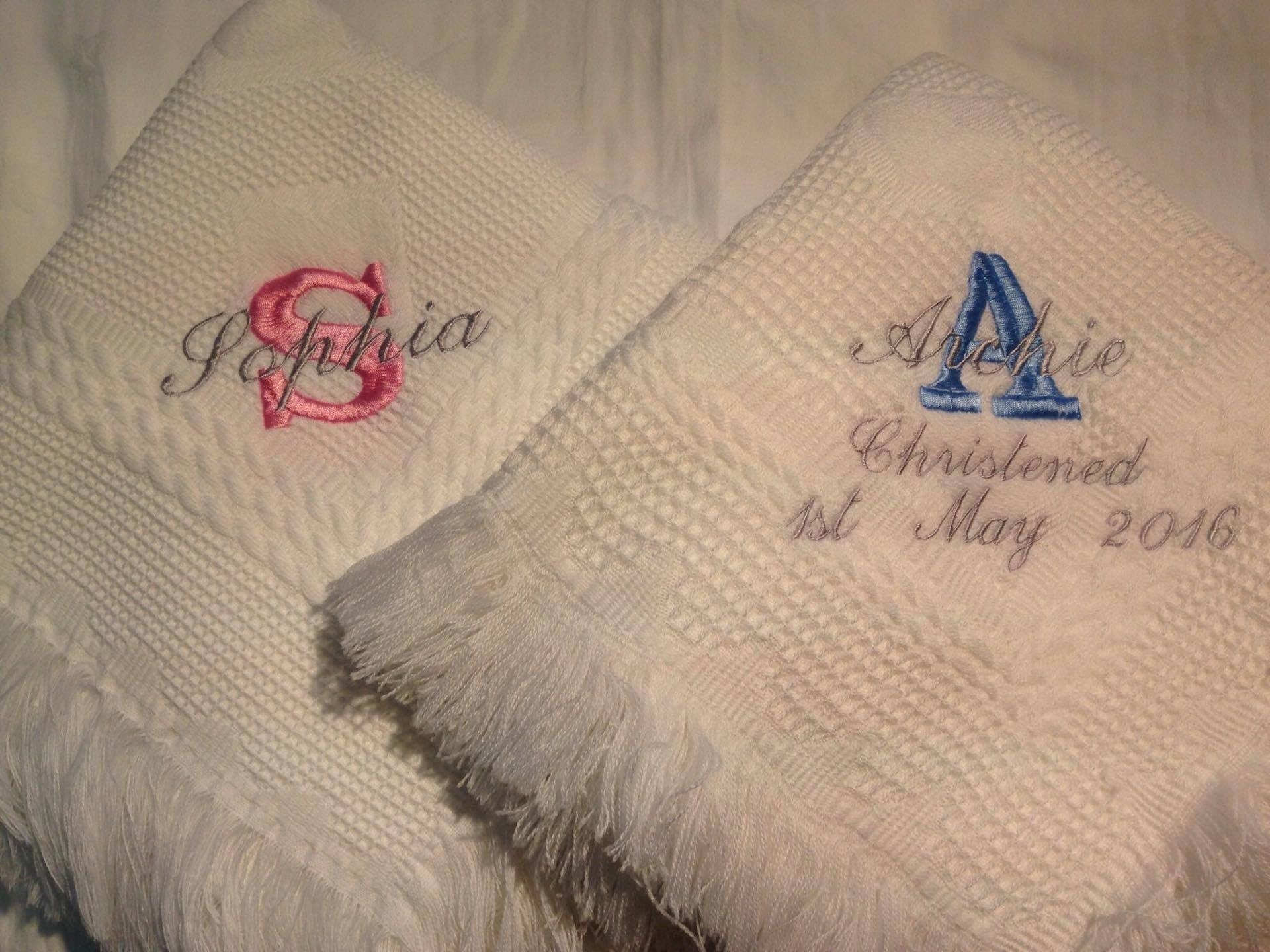 Christening/Baptism .Birth Baby Personalised Shawl with Initial and Name in White or Cream
