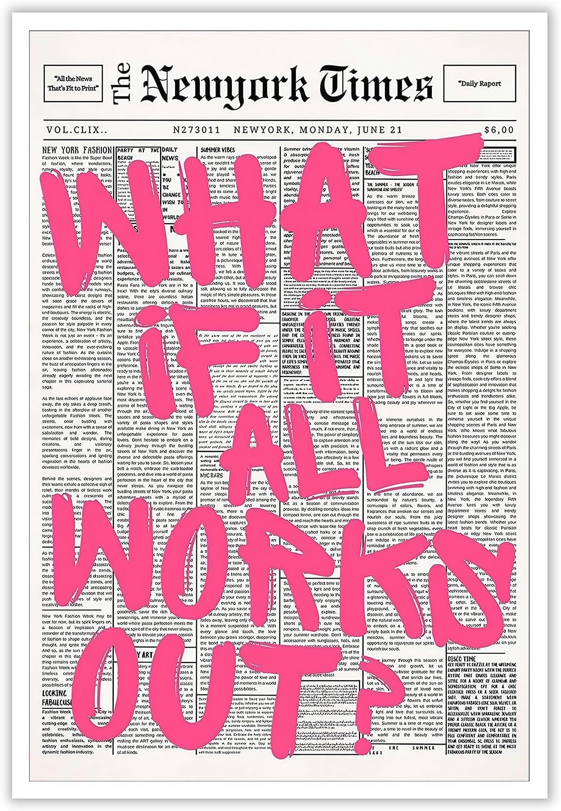 DVBOCS What If It All Works Out Poster Retro Newspaper Pink Font Canvas Wall Art Positive Affirming Quote Minimalist Prints Painting For Home Bedroom Dorm Wall Decor Aesthetics 12x16in Unframed
