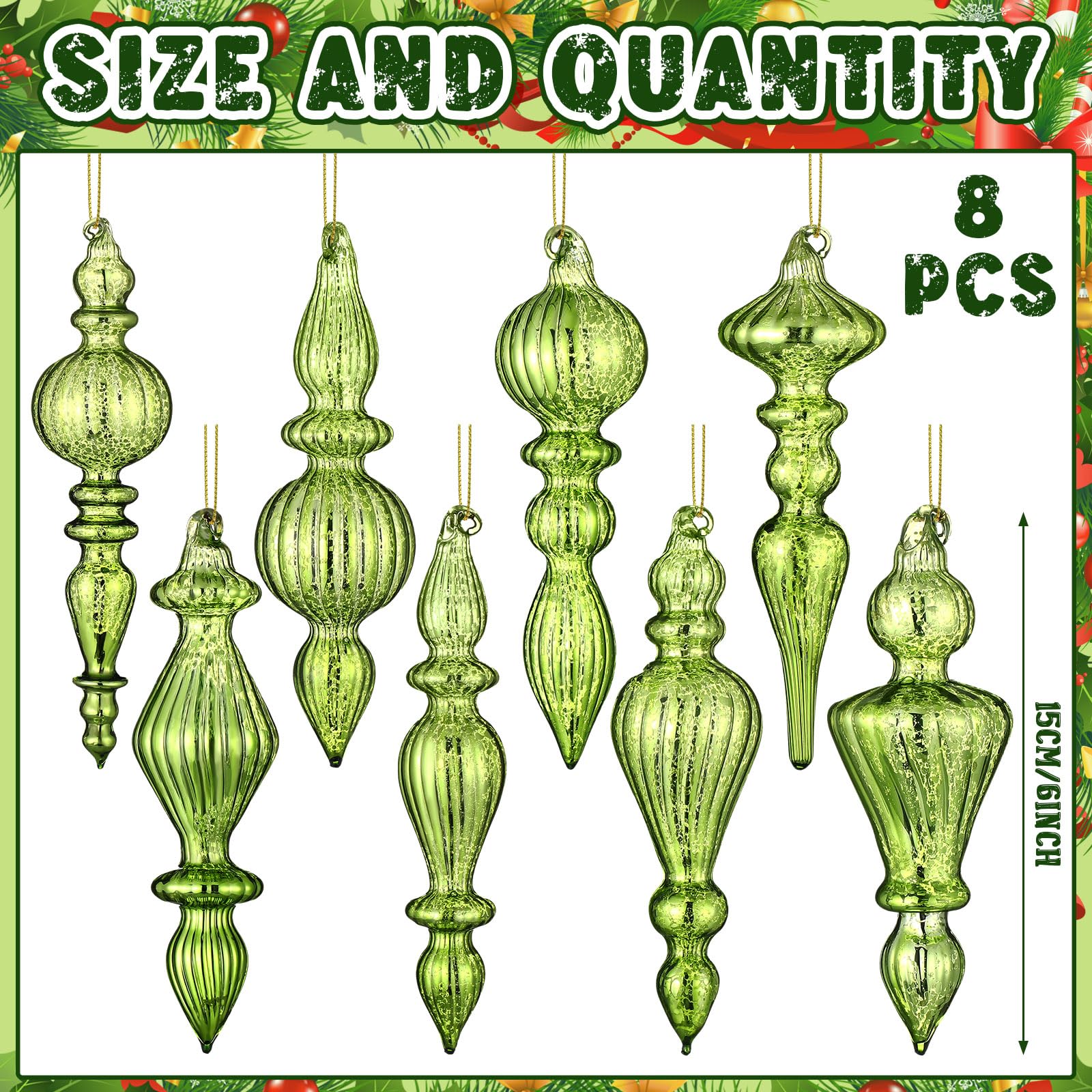Mifoci 8 decorazioni natalizie in vetro mercurio da 15,2 cm, da appendere, decorazioni assortite per albero di Natale (verde fresco)