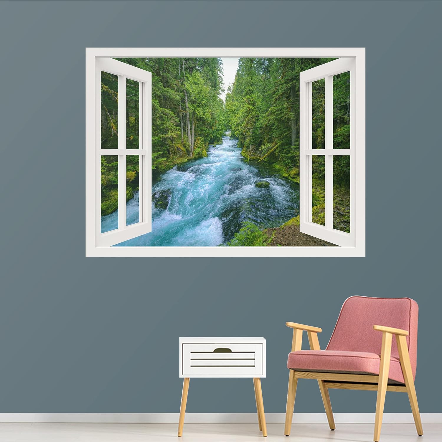 IDEA4WALL Removable Wall Sticker/Wall Mural Vibrant Green Tree Forest River Rapids Nature Wilderness Photography Modern Art Rustic Landscape Colorful for Living Room, Bedroom, Office - 24x32