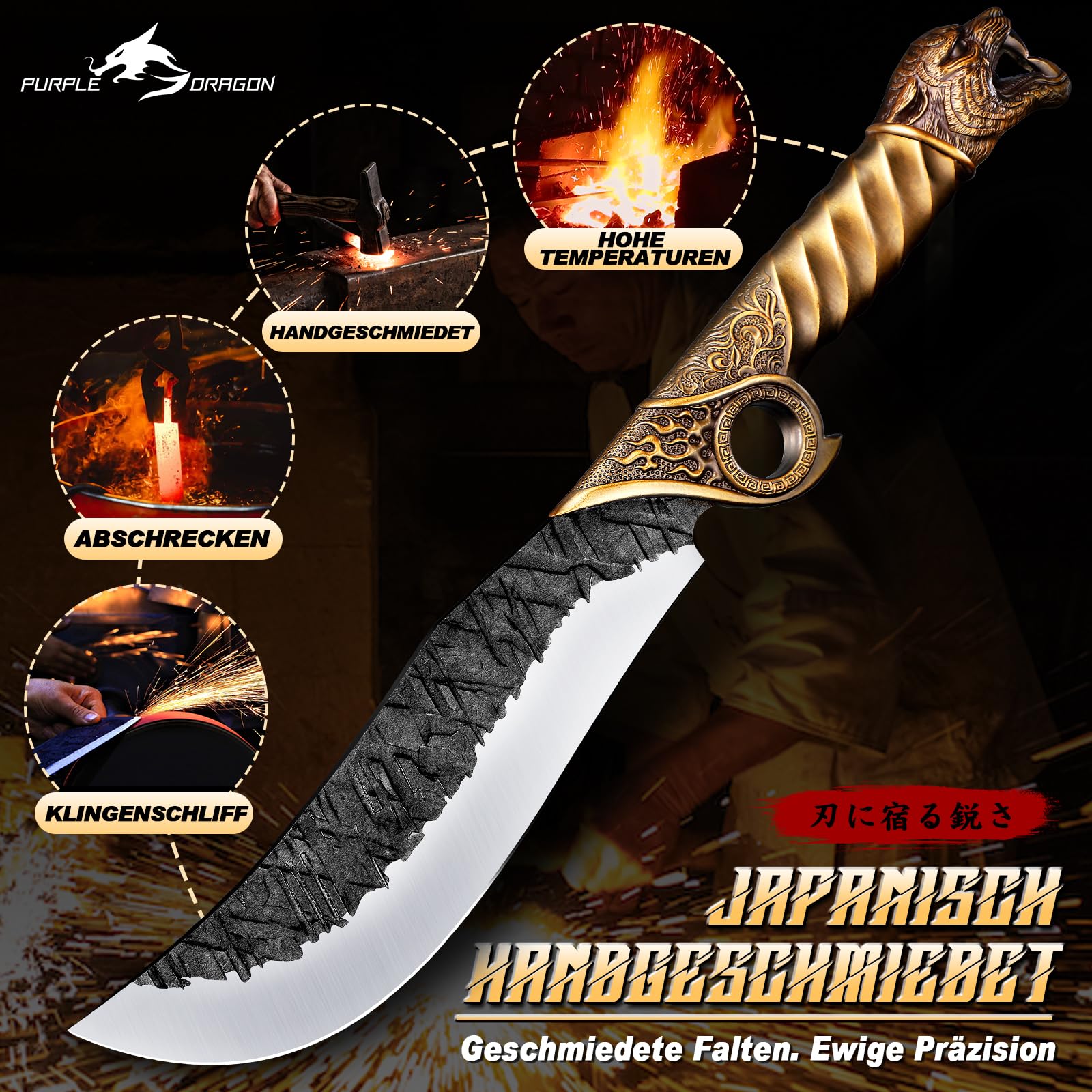 Purple Dragon Outdoor Messer 5mm Klinge Manganstahl Zinkgriff mit Scheide | Outdoor Messer, 5mm starke Klinge aus Manganstahl, robuster Zinklegierungsgriff, mit Scheide, ideal zum Holzhacken und Campen