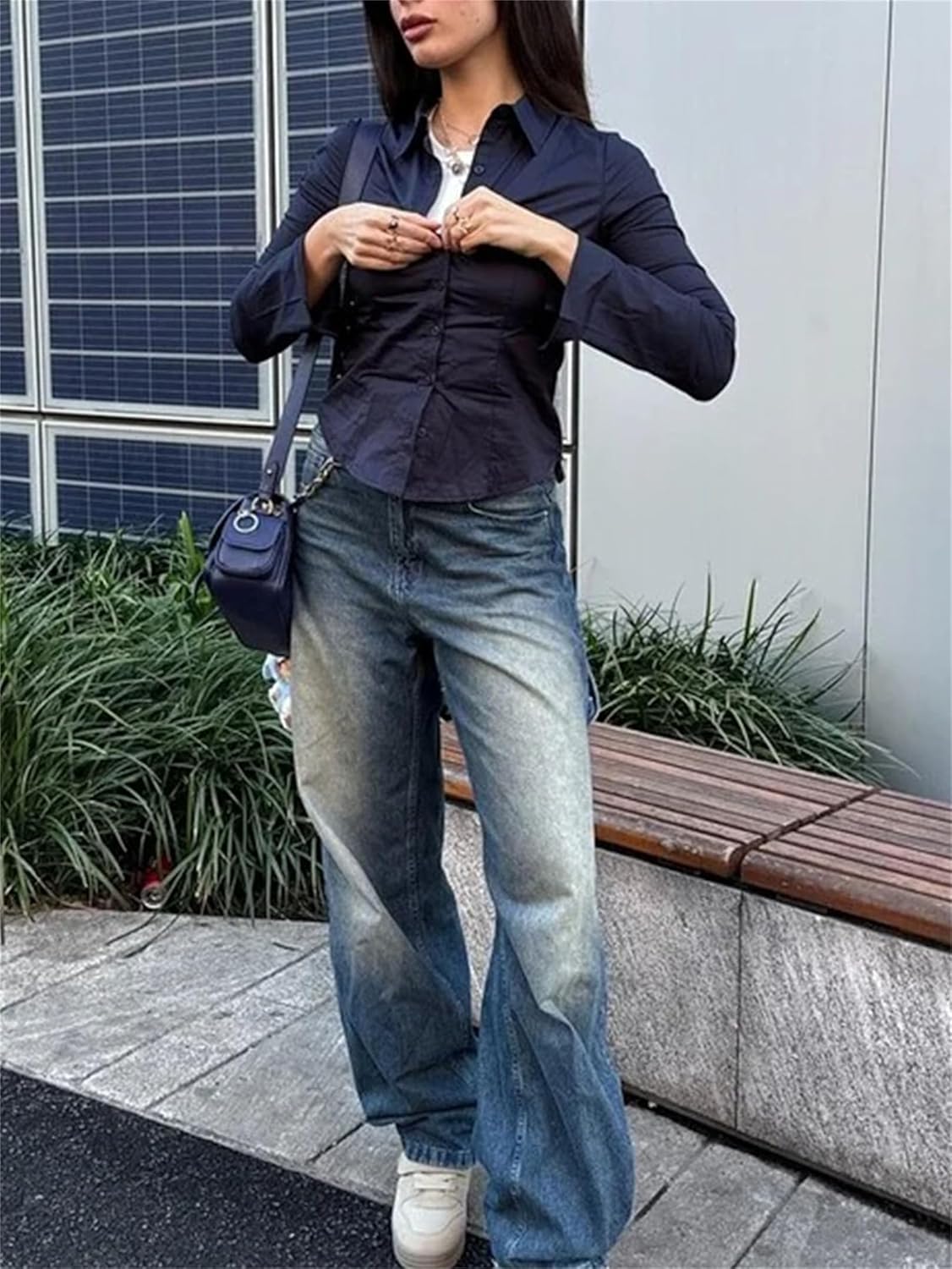 Women Y2K Slim Fit Button Up Shirt Sexy Long Sleeve V Neck Solid Color Crop Blouse Casual Aesthetic Preppy Streetwear - Image 5