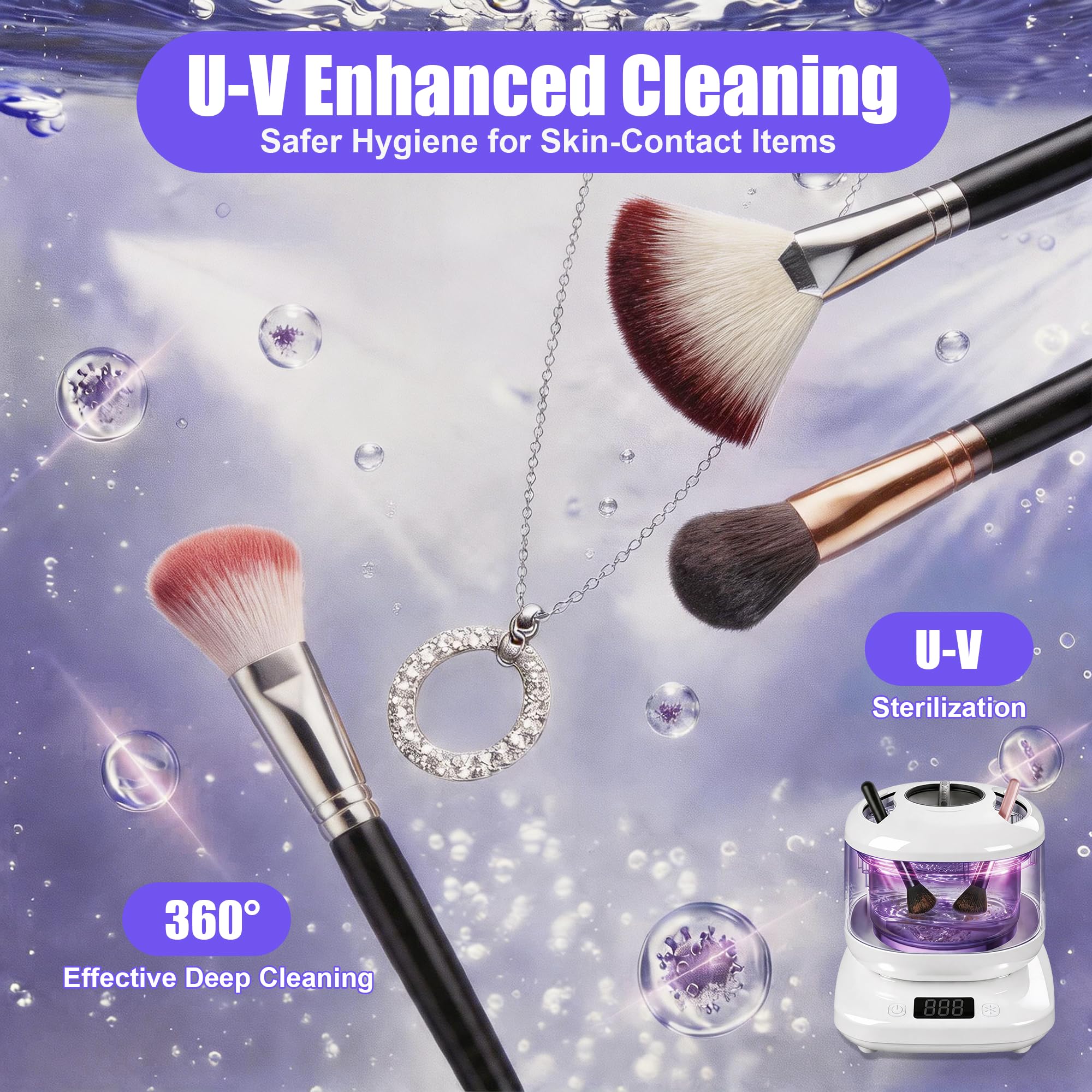 Macchina elettrica per la pulizia dei pennelli da trucco a ultrasuoni con U-V, spazzola cosmetica automatica per pulizia profonda portatile per set di pennelli da trucco di bellezza, pennello per fard