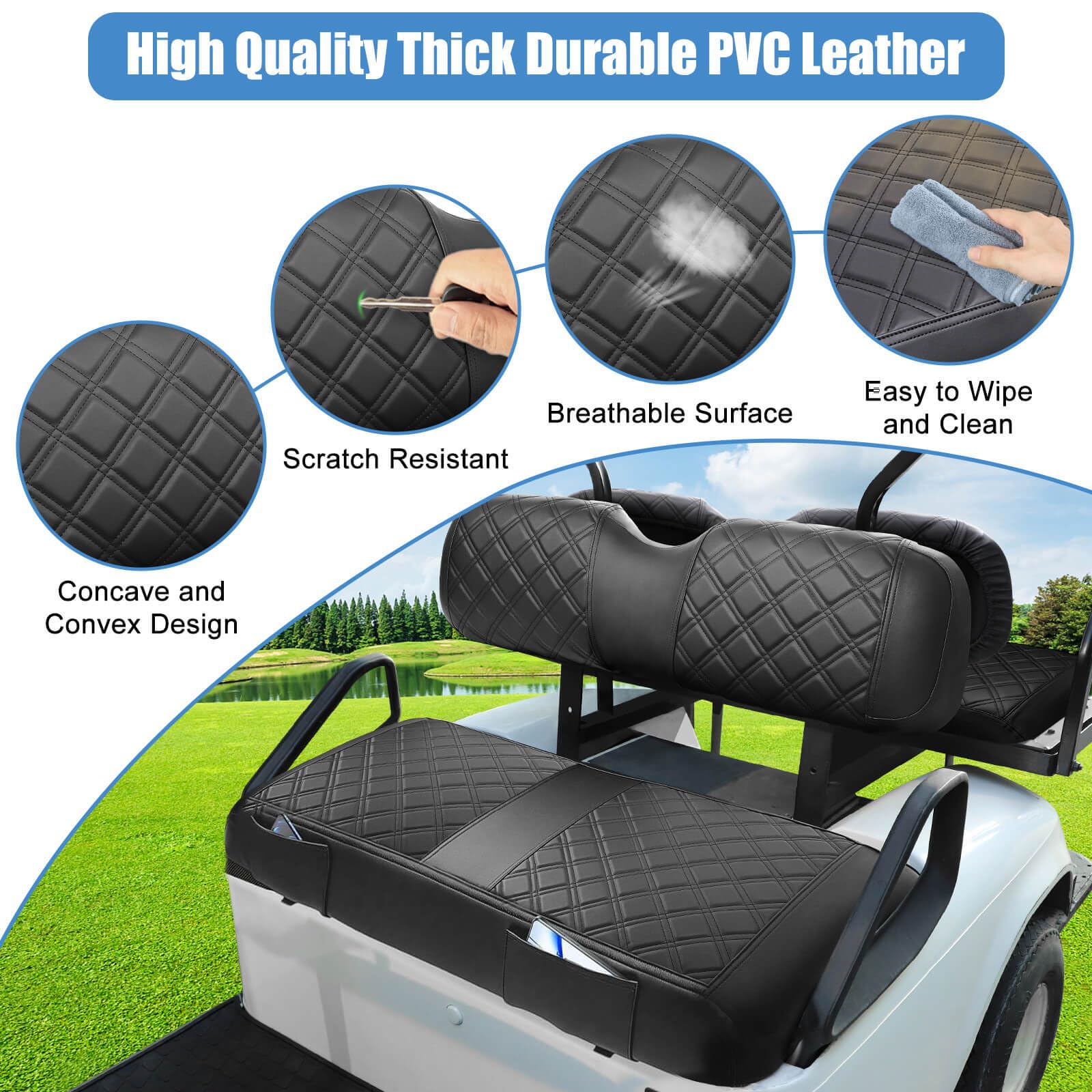 EZGO Housse de siège avant pour voiturette de golf EZGO TXT à partir de 1994 et EZGO RXV OEM Coussin de siège ordinaire, aspect concave et convexe, cuir vinyle épais, confortable/respirant