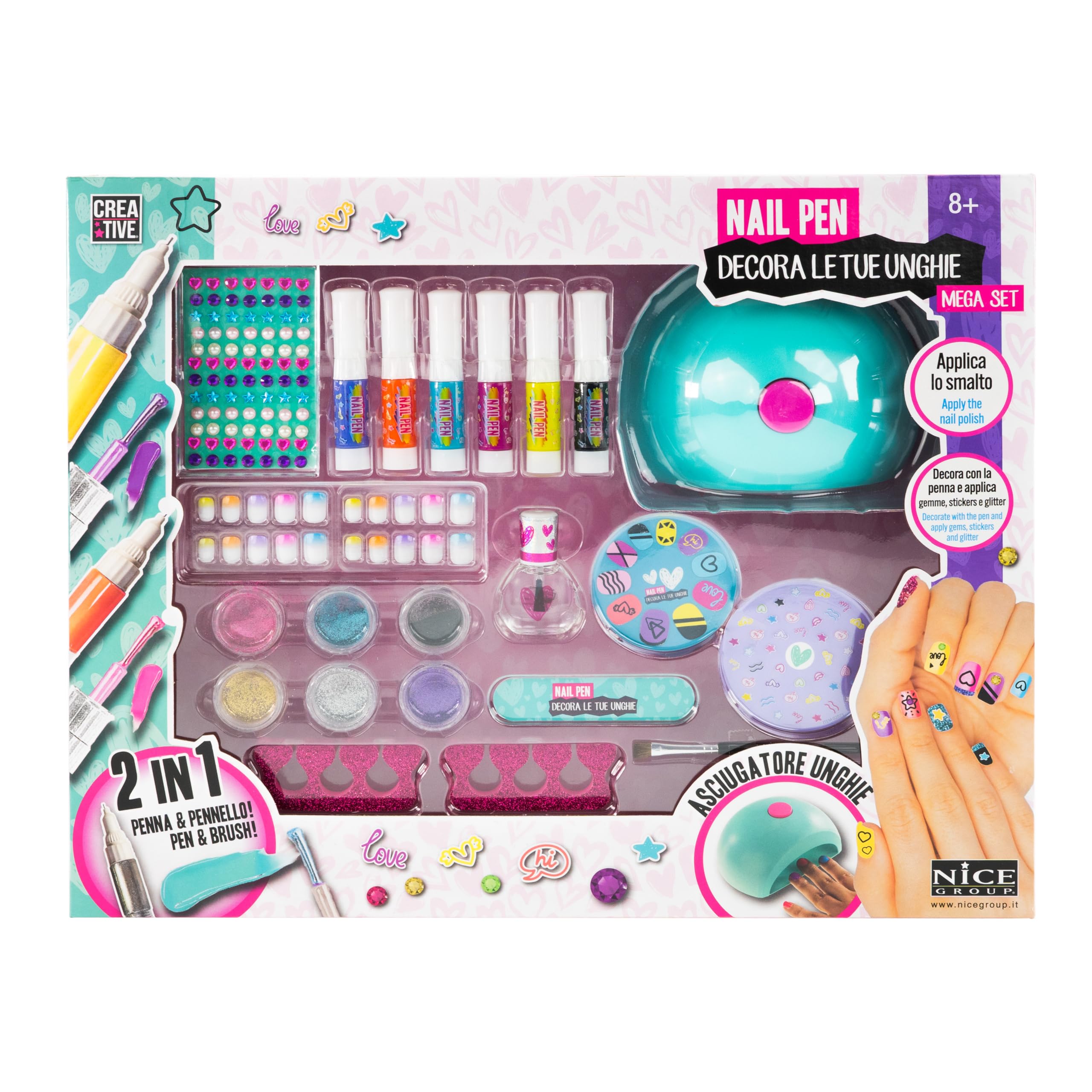 Nice Group - Creative Nail Pen Mega Set, Kit con secador de uñas para Decorar con Pegatinas, Esmalte de uñas, Polvo de Purpurina, Gemas 3D