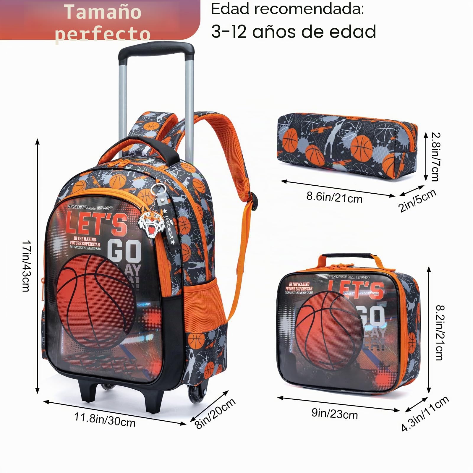 Mochilas Escolares con Ruedas Carro Niño 17" 3PCS Mochila Carrito para Trolley Escolar Bolso de Viaje Estuche Stitch Chicos Maleta Colegio Grande Medianas Infantil Niños Baloncesto Rojo
