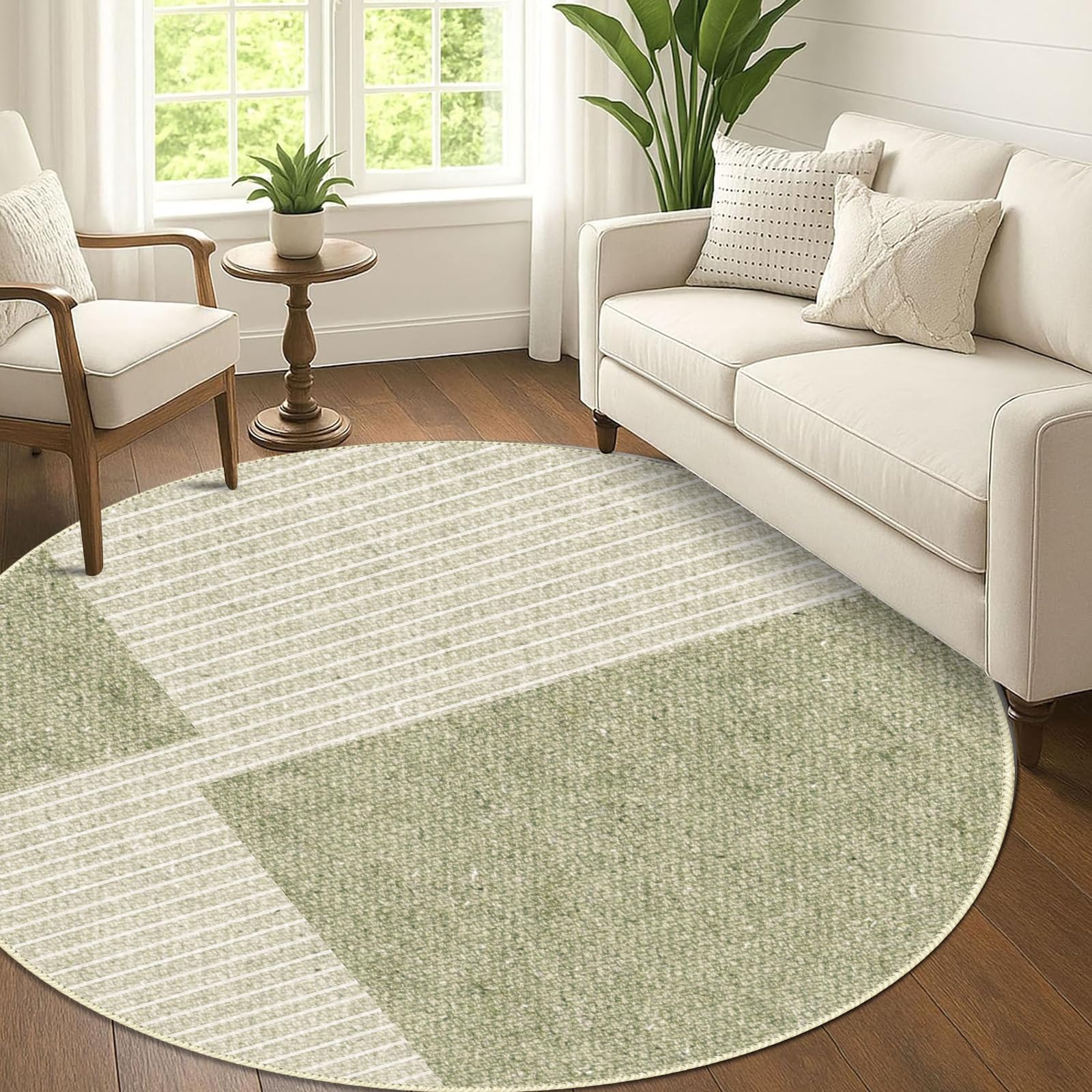 Tapis de salon rond 80 cm, moelleux à poils courts avec design géométrique vert et beige, antidérapant et lavable, pour le salon ou comme descente de lit, en vert, beige