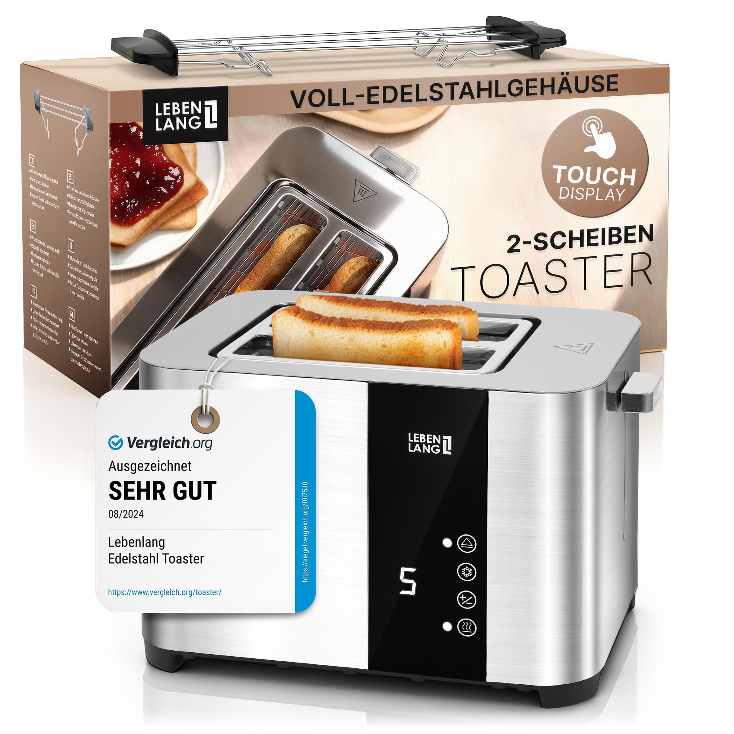 LEBENLANG Edelstahl Toaster mit Brötchenaufsatz 2 Scheiben - Touchscreen LED Display & 7 Stufen I 850W 2er Toster mit Display I Für Küche Haushalt & Camping Campingtoaster I Bread Toasters