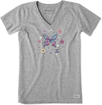Life is Good. Womens Tie Dye Retro Butterfly Flowers Short Sleeve Crusher-LITE Vee, Heather Gray