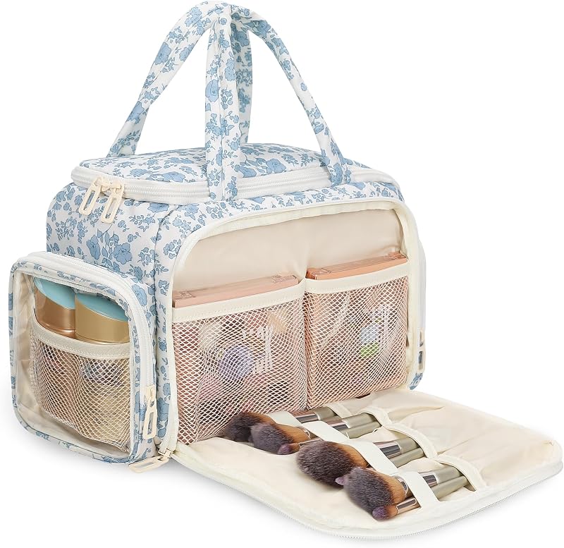 Necessaire de maquiagem WGEAR com compartimento para pincéis, nylon, 01-Blue Flower