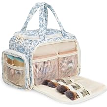 Travel Makeup Bag, Lightweight Wide-open Toiletries Bag for Women, Large Cosmetic Organizer Bag with Makeup Brushes Compartment for Travel-Sized Essentials for Trip, Camping - Blue Flower