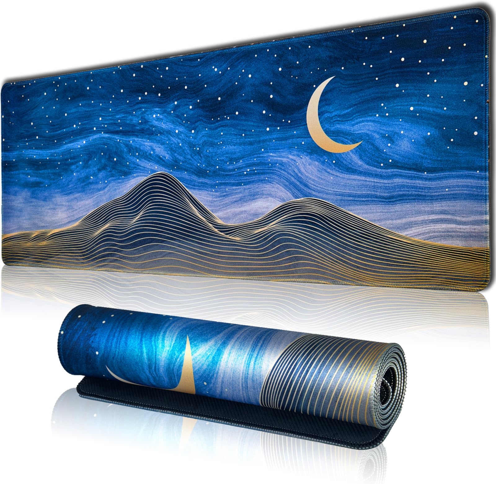 Large Gaming Mouse Pad for Desk, Desk Mat with Seamed Edges, Waterproof Desk Pad, Non-Slip Rubber Base, 31.5x11.8 Inch Keyboard Pad Computer Mat, Big XL Moon Mountain Line Mousepad