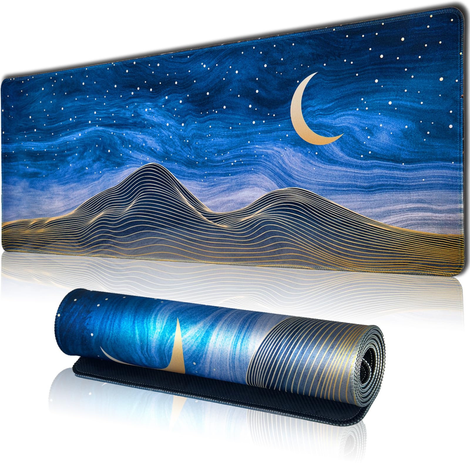 Large Gaming Mouse Pad for Desk, Desk Mat with Seamed Edges, Waterproof Desk Pad, Non-Slip Rubber Base, 31.5x11.8 Inch Keyboard Pad Computer Mat, Big XL Moon Mountain Line Mousepad