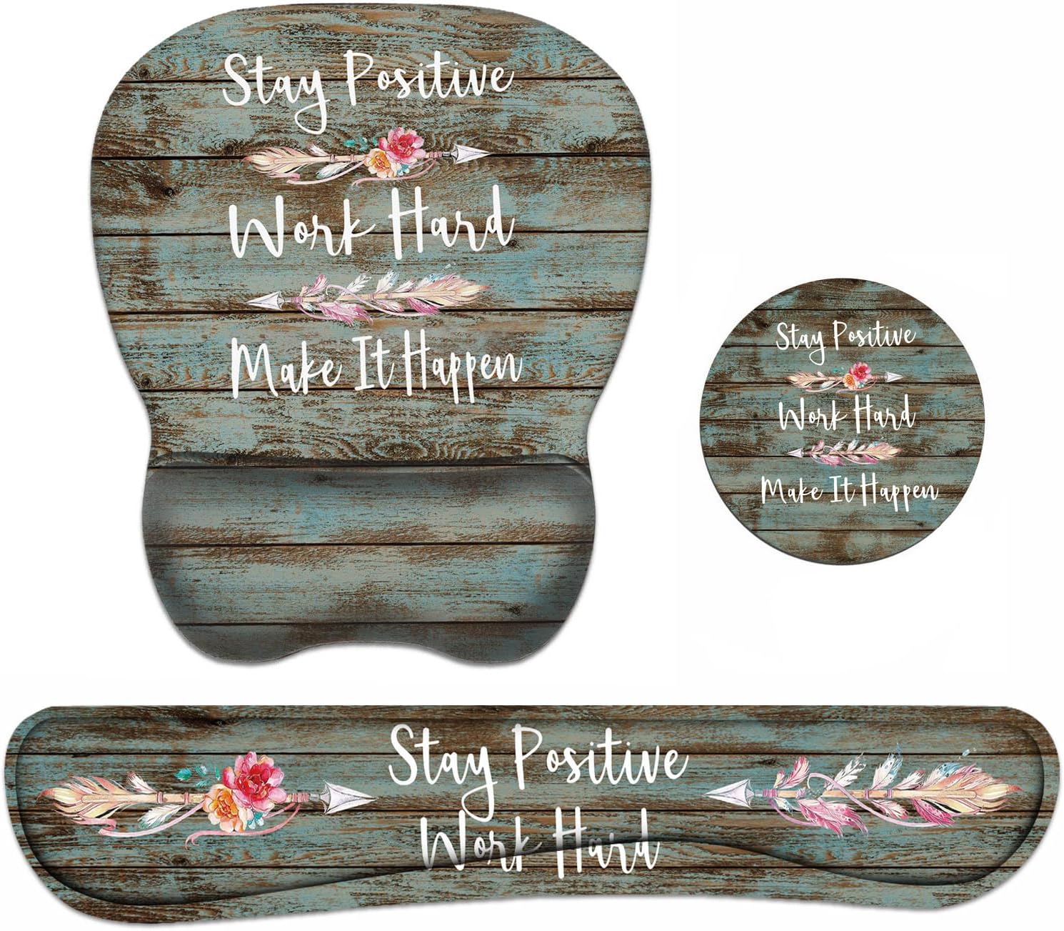 Mouse Pad Wrist Support and Keyboard Wrist Rest Set with Coasters, Inspirational Quote Stay Positive Work Hard and Make It Happen Non-Slip PU Base Ergonomic Mousepad for Home Office Working Studying
