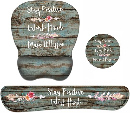 Juego de reposamuñecas y reposamuñecas para teclado con posavasos, cita inspiradora que se mantiene positivo, trabaja duro y hace que suceda con