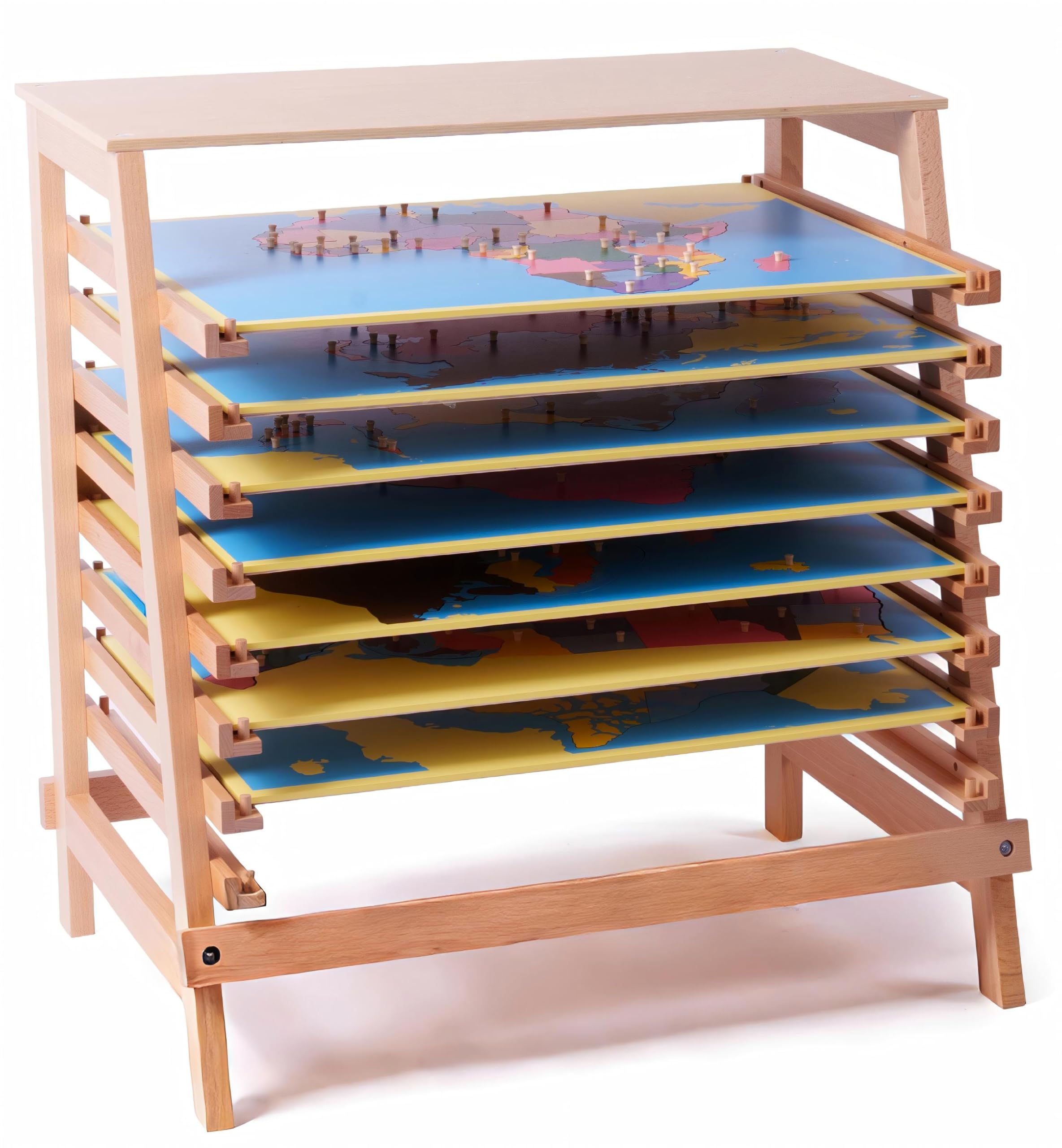 Montessori materiały geograficzne – mapy świata, kontynenty, drewniana zabawka edukacyjna do przedszkola, szkoły podstawowej, do klasy domowej, od 3 lat (Montessori puzzle, stojak na karty)