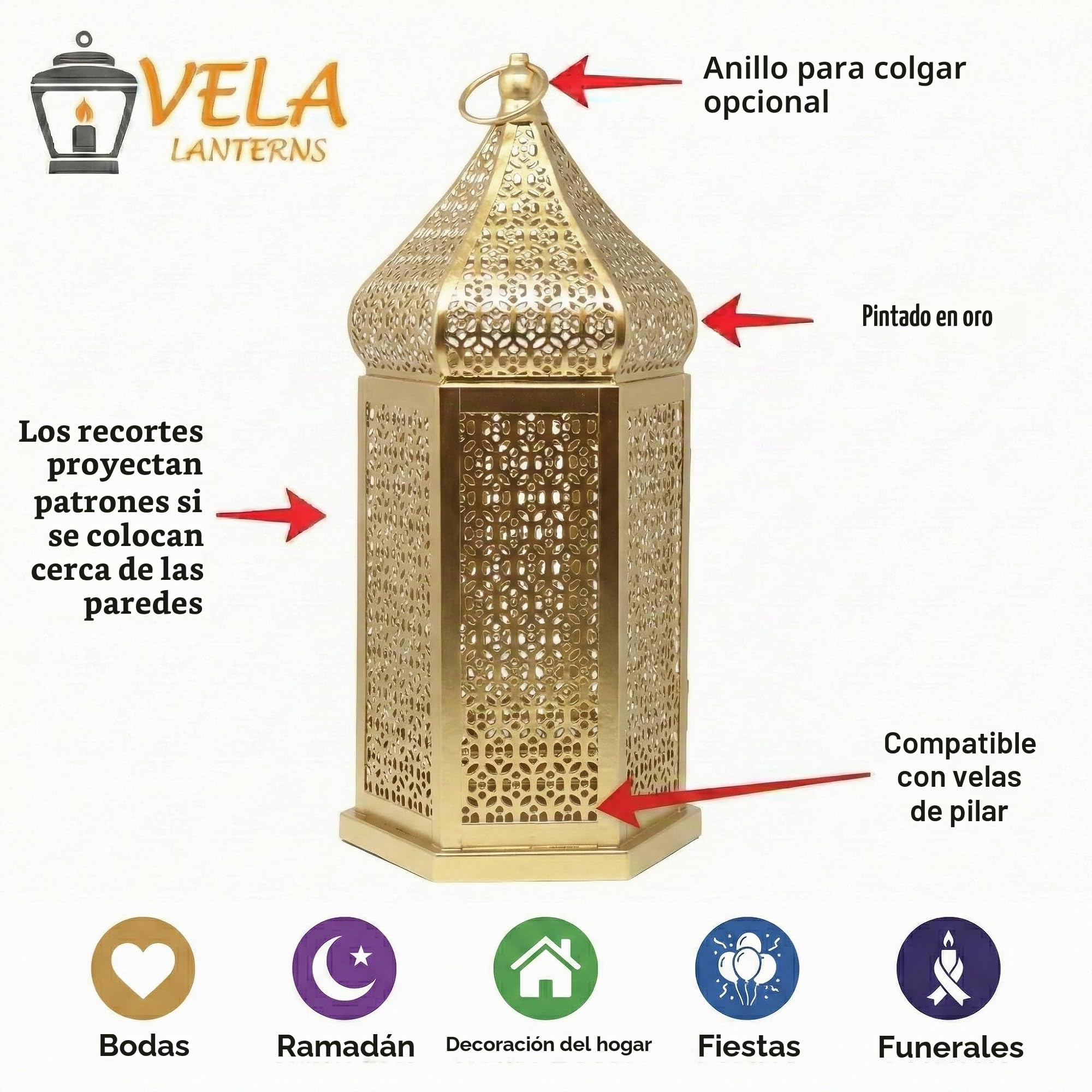 Vela Lanterns Temple Tower - Portavelas decorativo grande marroquí para Ramadán, patio, decoración del hogar, bodas, dorado, juego de 2 faroles | Decoraciones de Ramadán para el hogar, portavelas islámico Eid para centros de mesa o colgar, 11 y 15.25 pulg