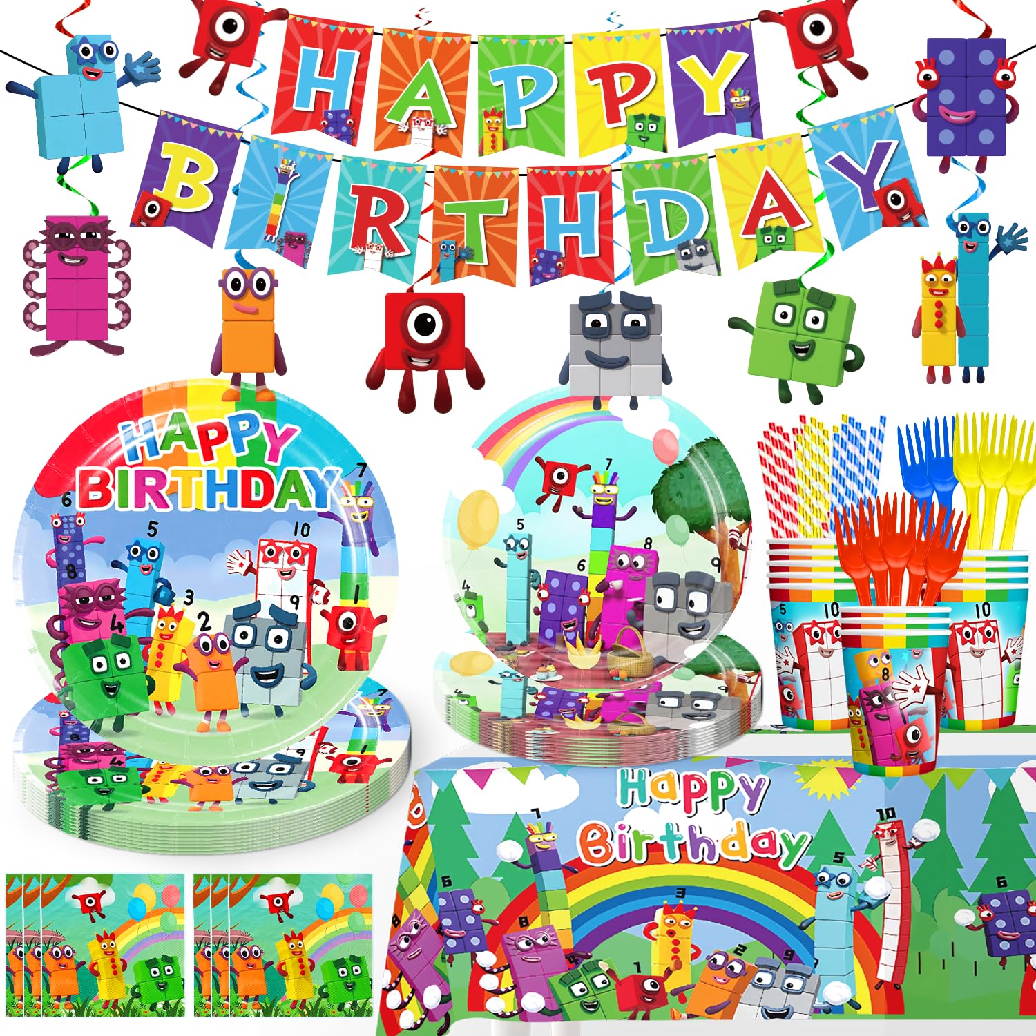 130pcs Number Birthday Decorations Include Banner, Hanging, Plates, Napkins, Paper Cups, Forks, Straws, Tablecloth Number Theme Party Supplies, for Boy Girl Birthday Number Theme Birthday Party