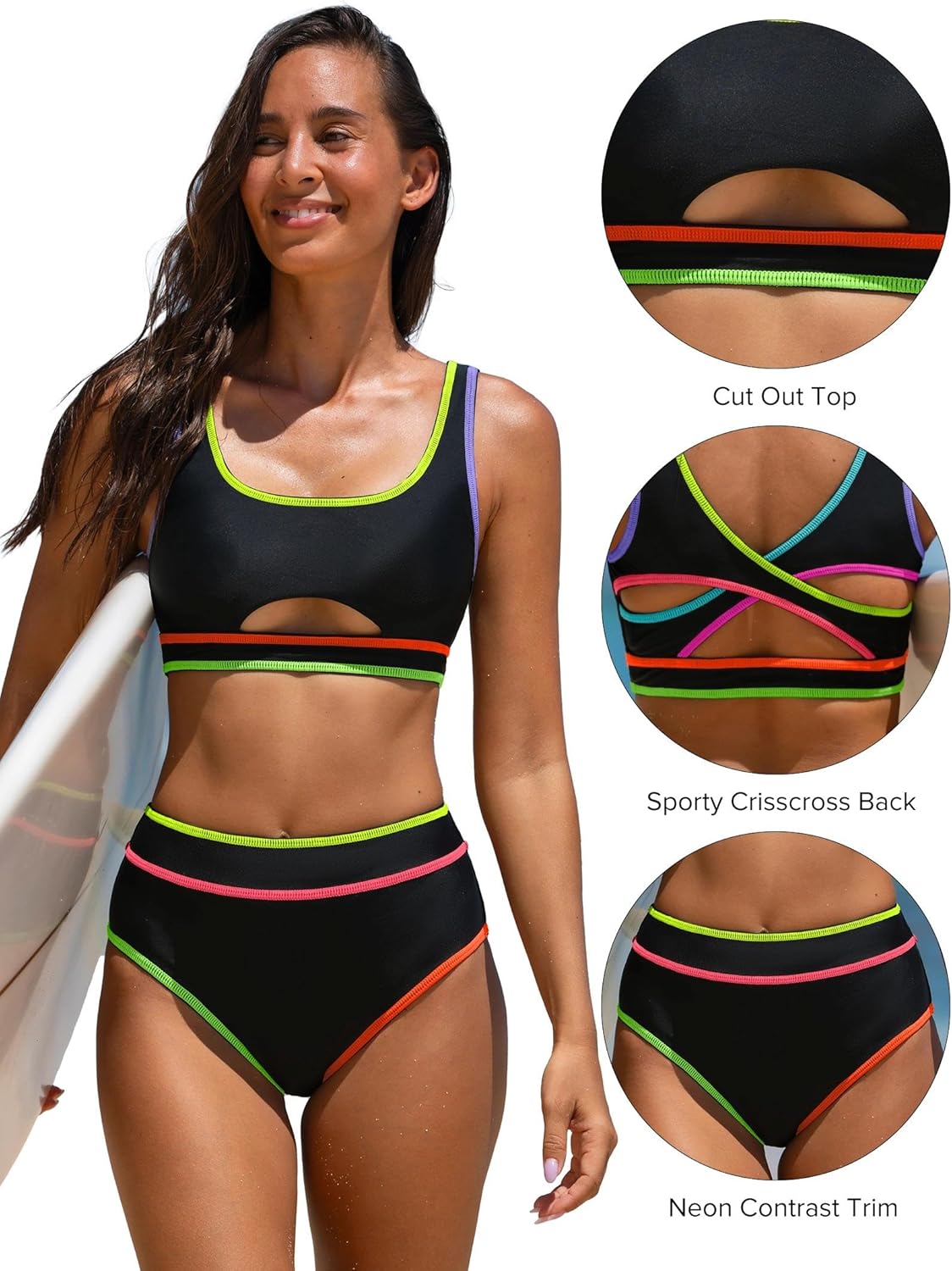 popvil High Waisted Bikini Sets for Women Two Piece Sporty Swimsuit Neon Cut Out Crossback Bathing Suit 2026