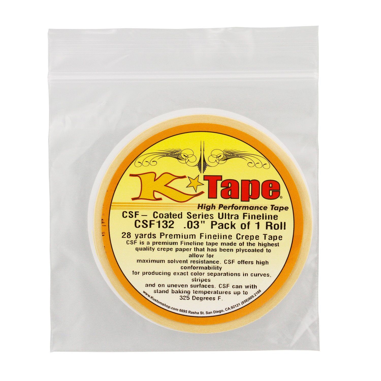 Custom Shop CSF132 K-Tape Coated Series Micro Fineline Tape, Yellow (1/32" X 28 Yard Roll)