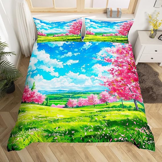 Spring Cherry Blossom Bedding Set Queen Size 3 Pcs Blue Sky