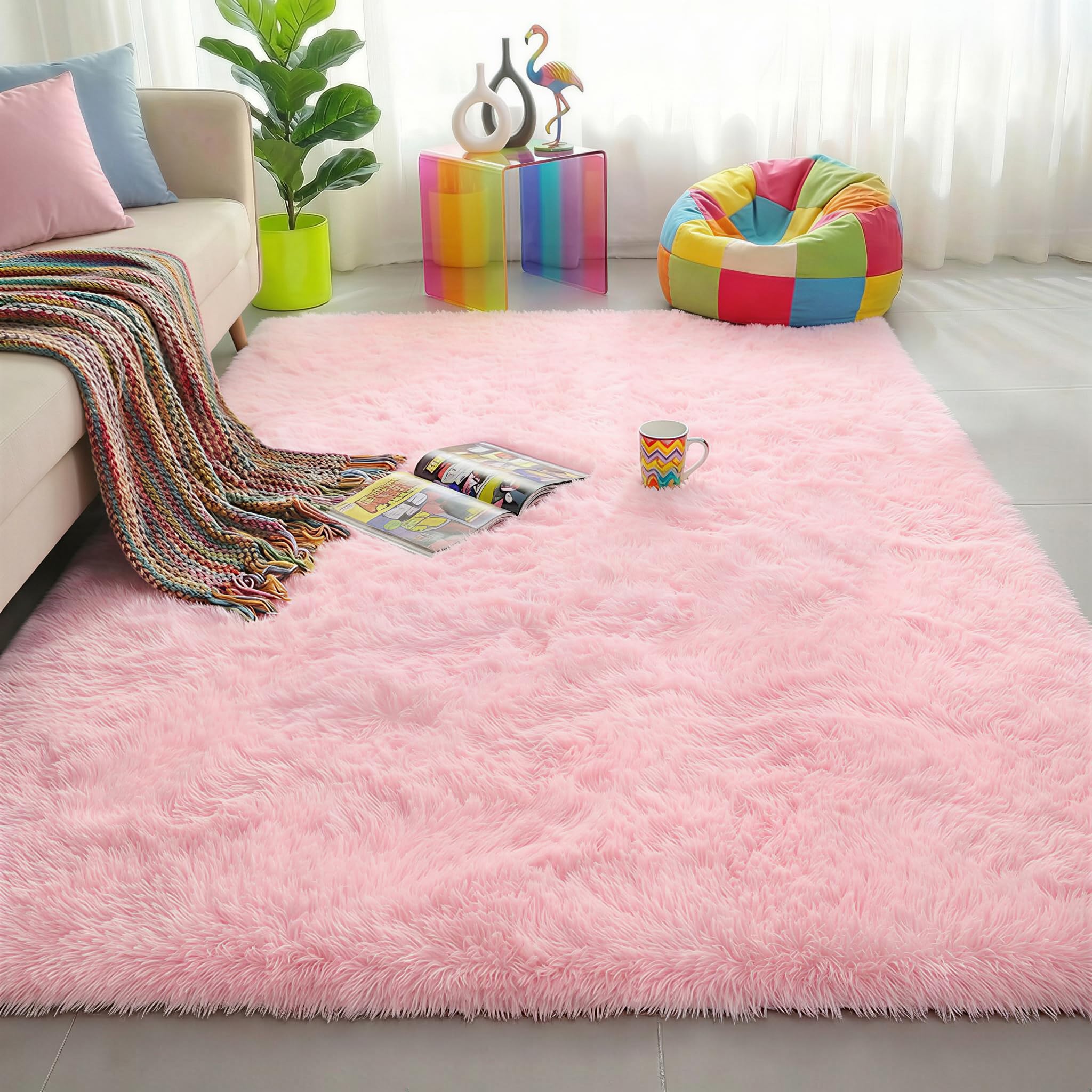 Pink Area Rugs for Bedroom Girls, Living Room Decor, Fluffy Fuzzy Shag Rug 4x6 for Kids Room, Soft Cute Indoor Floor Carpet for Baby, Teen, Nursery, Preppy Dorm, Playroom, Plush Aesthetic Bedside Rug