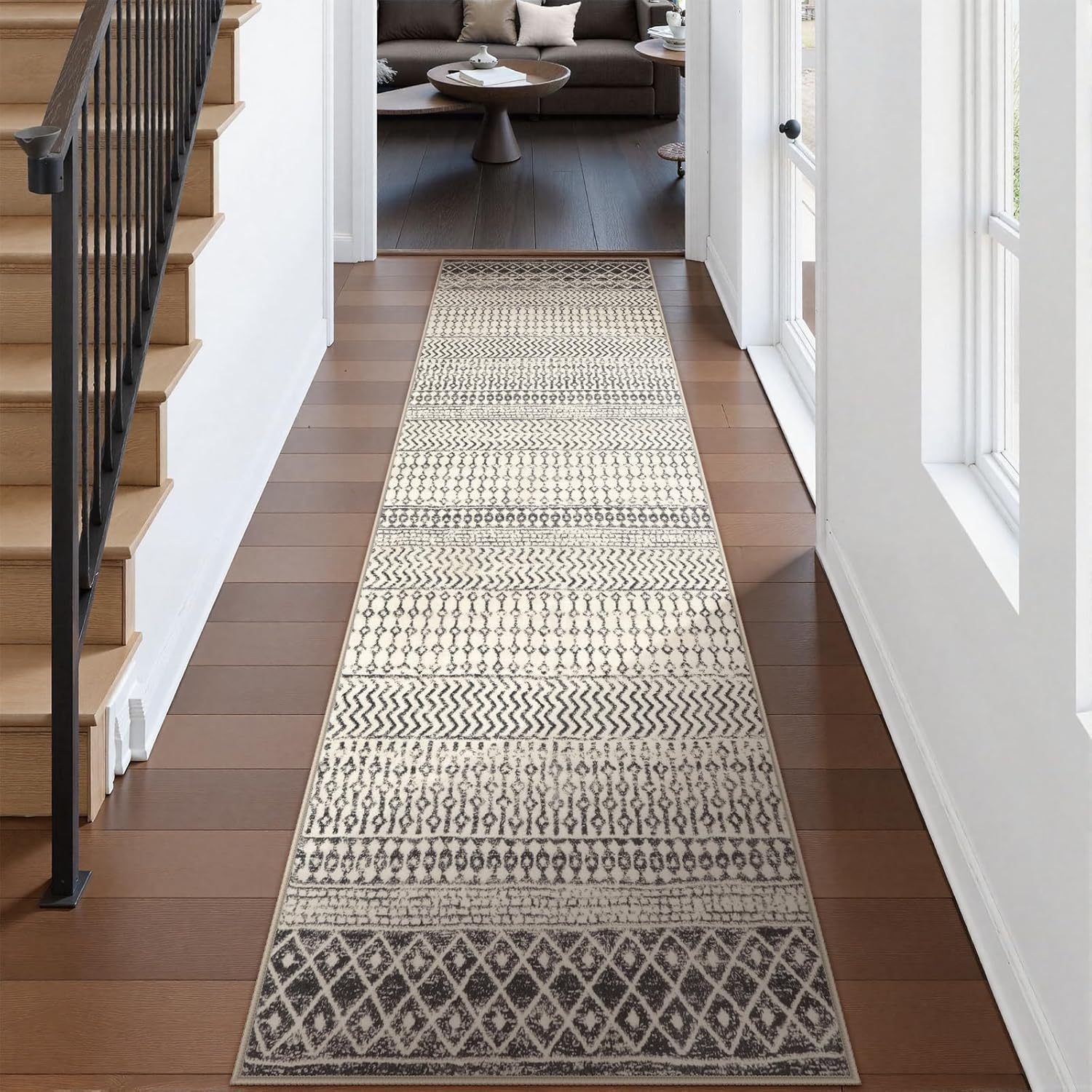 Washable Runner Rugs for Hallway 2'6"x10',Soft Non Slip Moroccan Black Area Rug,Low Pile Long Kitchen Runner Rug Carpet Runners for Entrance Bedroom Living Room