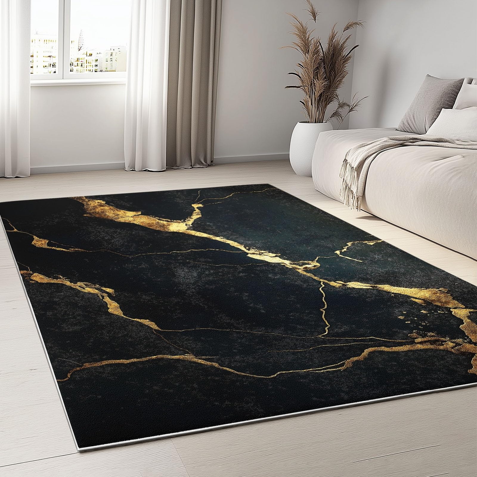 Générique Tapis Intérieur Texture Marbre Noir Or 160x230cm Tapis Lavable Doux et Antidérapant, Moquette Poil Ras imprimé 3D pour Salon Chambre l'entrée Décoration